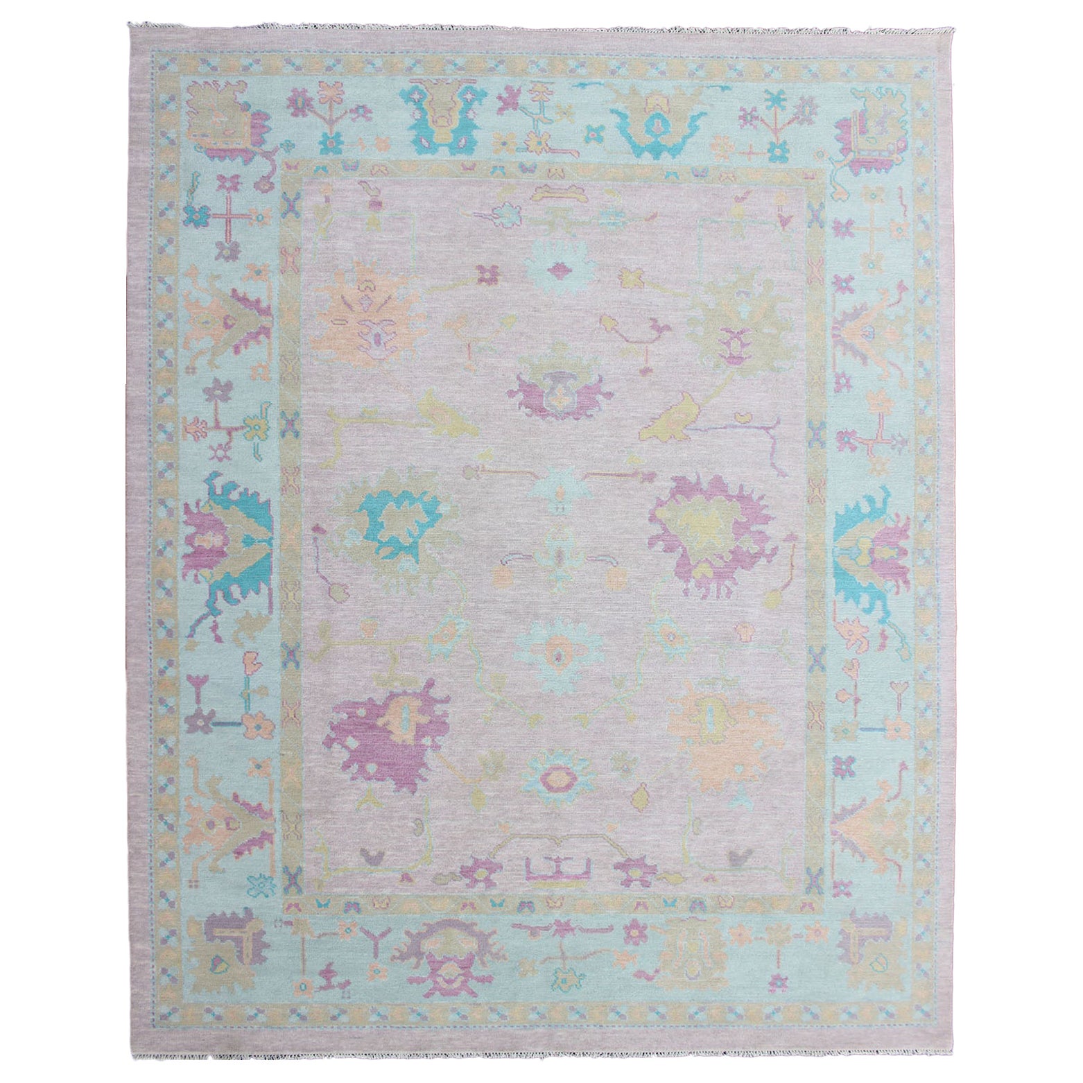Keivan Woven Arts Moderne Wolle Oushak Teppich In Rosa Eis Blau Grenze  9'5 x 12'1 im Angebot