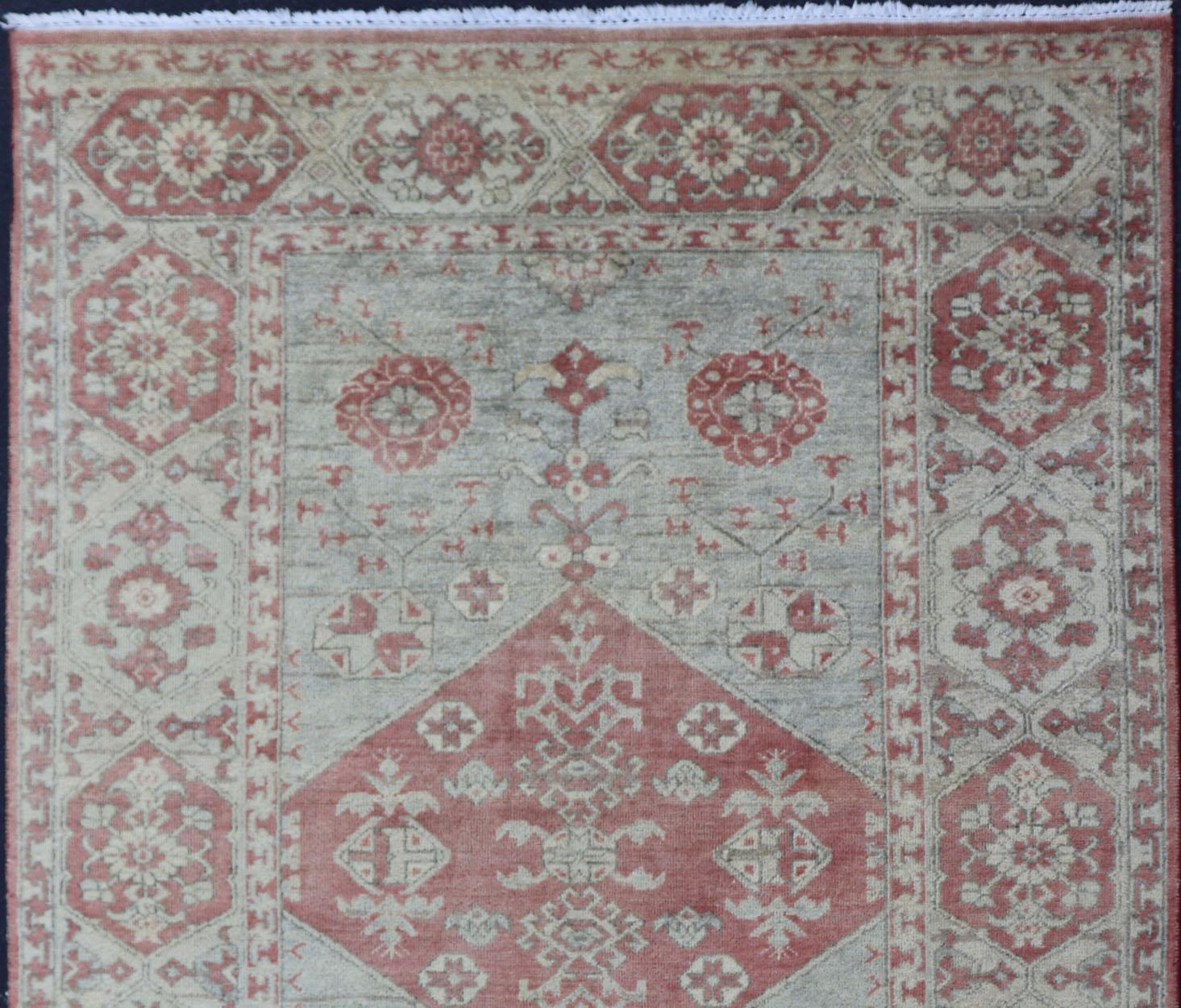 Indian Keivan Woven Arts Oushak Rug in Light Blue and Coral   5'10 x 8'10 For Sale