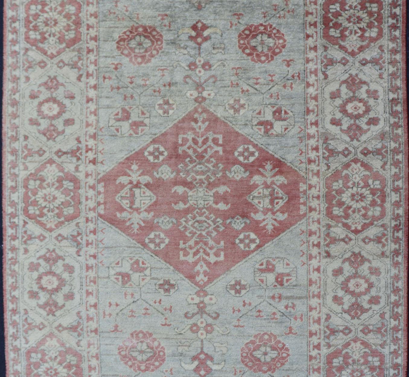 Hand-Knotted Keivan Woven Arts Oushak Rug in Light Blue and Coral   5'10 x 8'10 For Sale