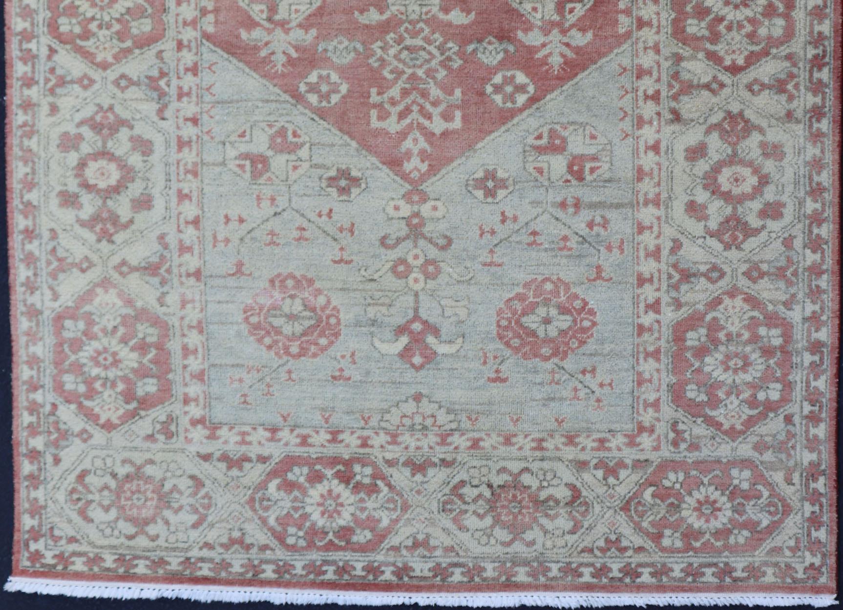 Keivan Woven Arts Oushak Rug in Light Blue and Coral   5'10 x 8'10 In Excellent Condition For Sale In Atlanta, GA