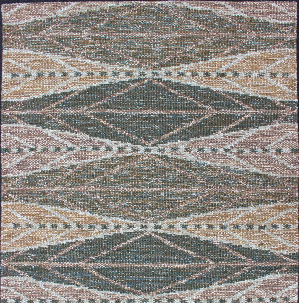 Keivan Woven Arts Scandinavian Flat-Weave Rug With Modern Design Brown and Green in vendita 1