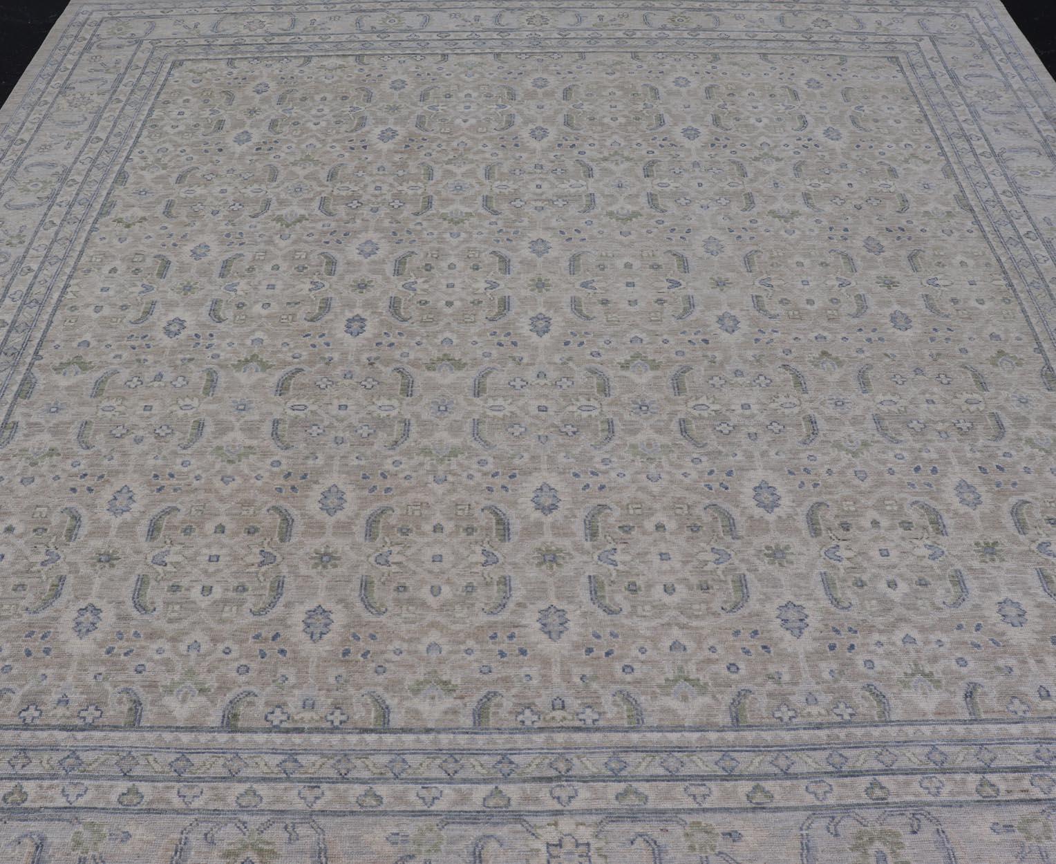 Measures: 11'10 x 12'2 
Keivan Woven Arts Square Modern Oushak on Light Cream Background 11'10 x 12'2. Keivan Woven Arts; rug AWR-355 Country of Origin: Afghanistan Type: Oushak Design.
This square Modern Oushak rug offers a graceful combination of