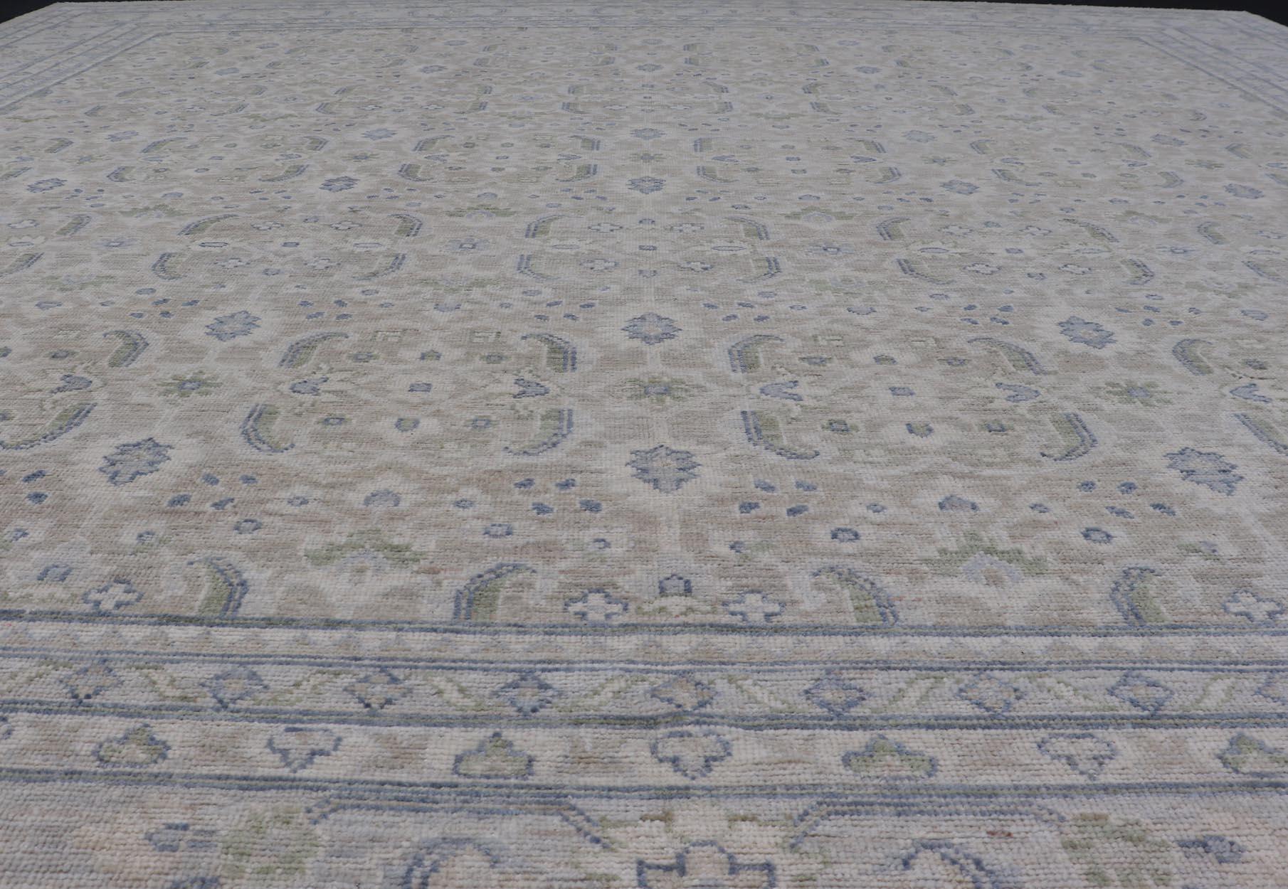 Afghan Keivan Woven Arts Square Modern Oushak on Light Cream Background 11'10 x 12'2 For Sale