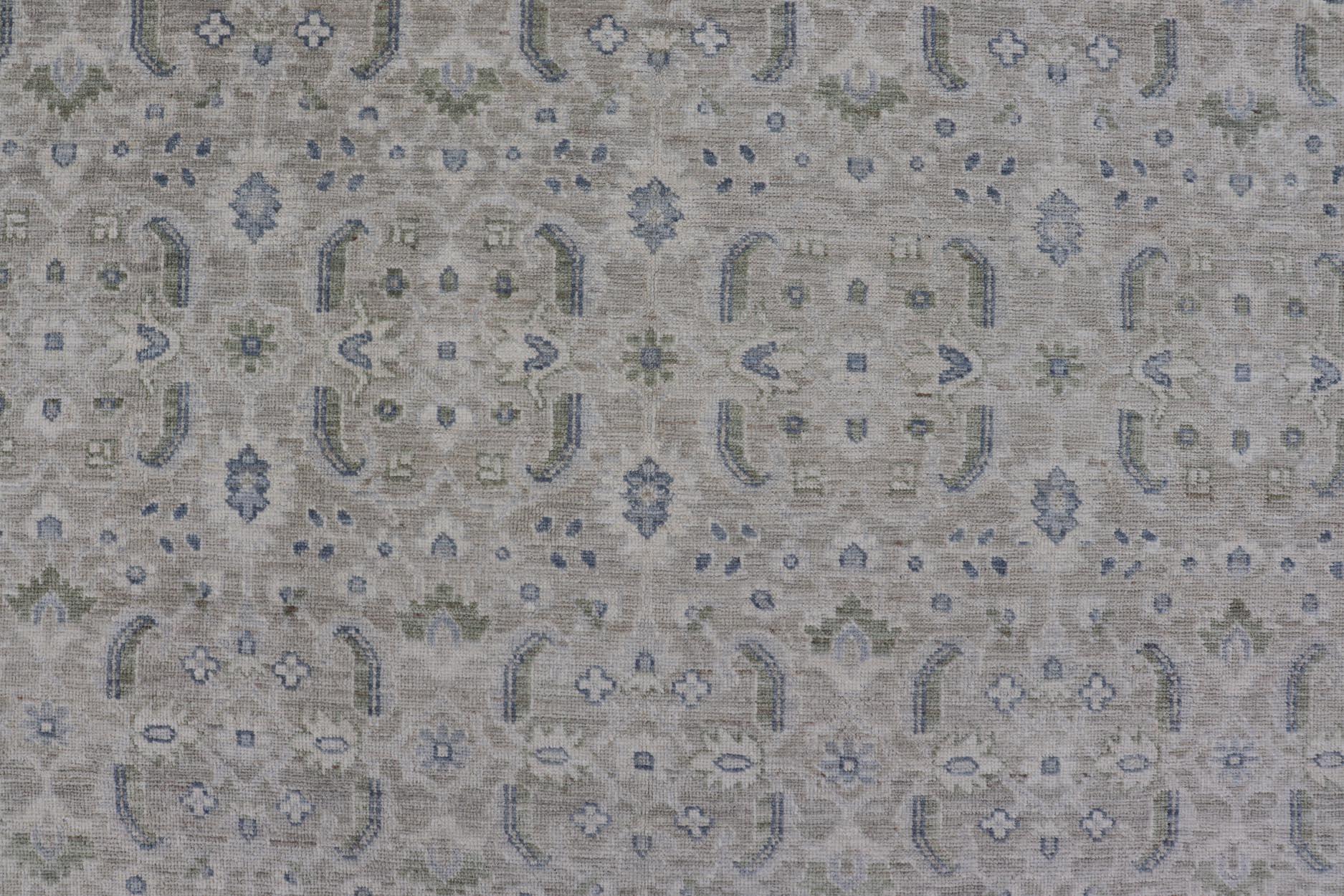 Hand-Knotted Keivan Woven Arts Square Modern Oushak on Light Cream Background 11'10 x 12'2 For Sale