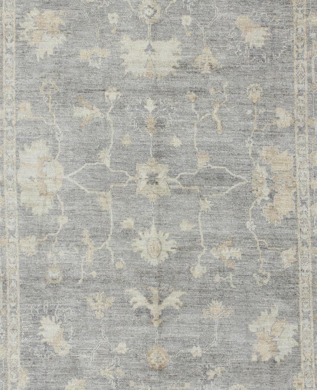 Wool Keivan Woven Arts Turkish Angora Oushak Rug with Floral Design in Neutral For Sale