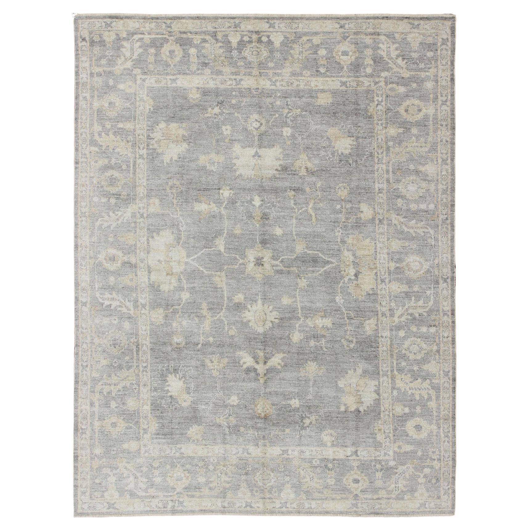 Keivan Woven Arts Turkish Angora Oushak Rug with Floral Design in Neutral For Sale