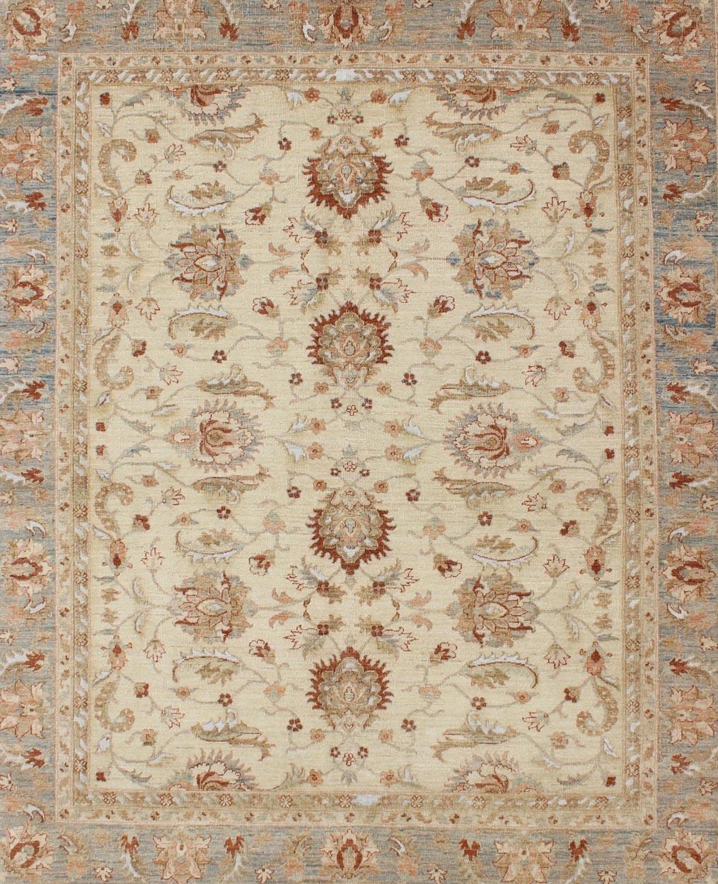 Keivan Woven Arts Vintage Cream Sultanabad Rug With Pops of Blue and Red For Sale 4