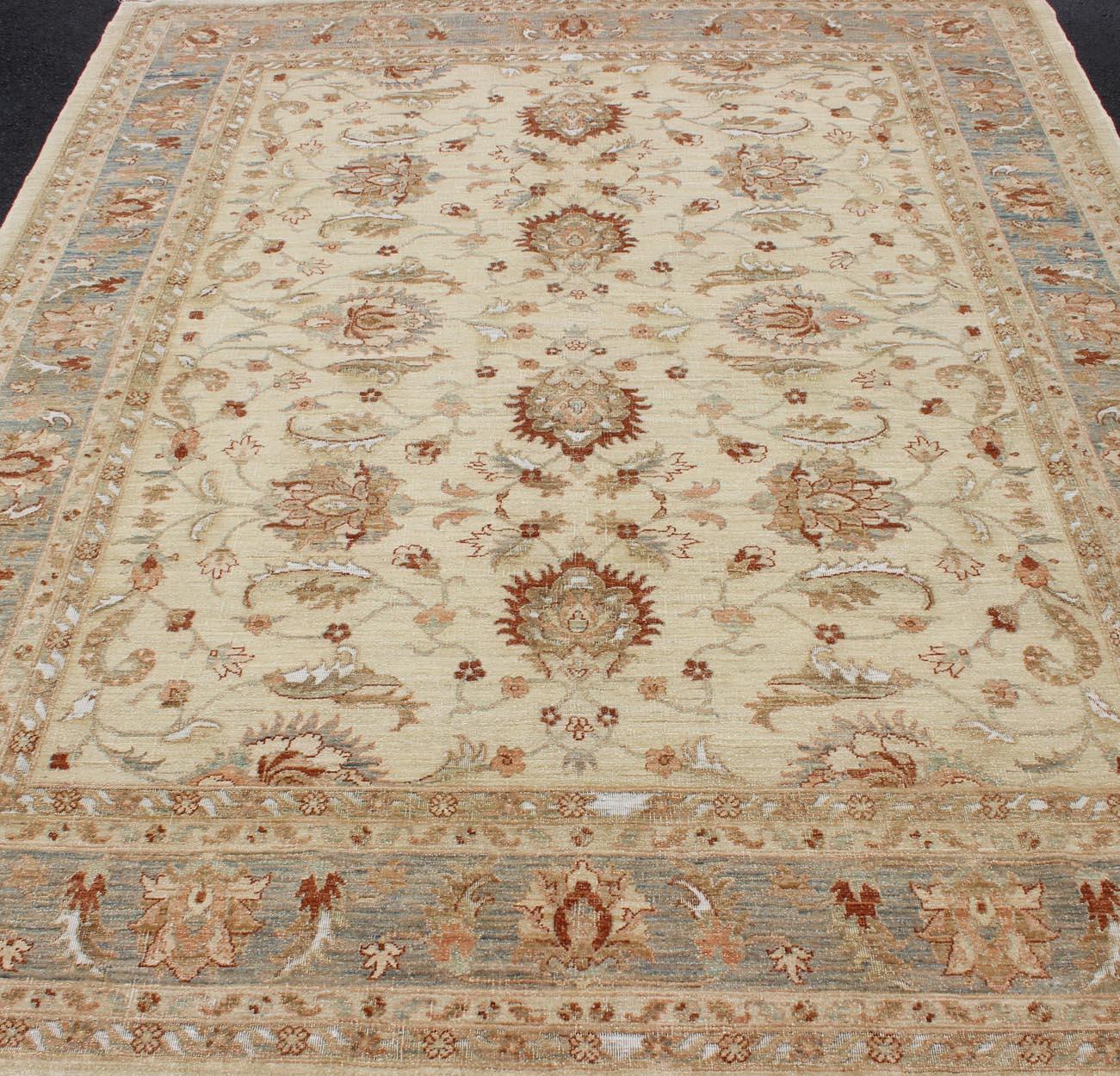 Tabriz Keivan Woven Arts Vintage Cream Sultanabad Rug With Pops of Blue and Red For Sale