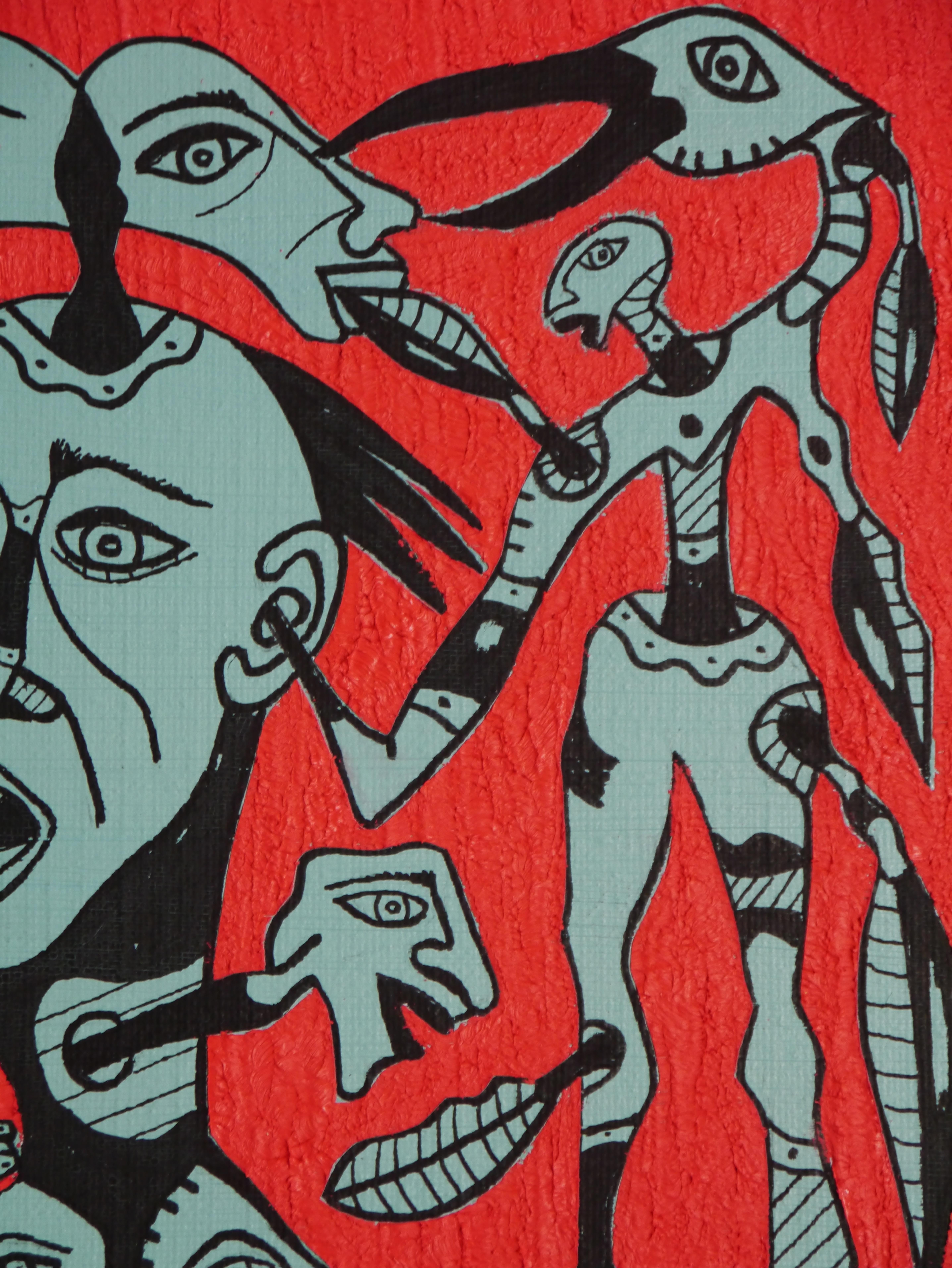 Arte Contemporáneo Francés de KEJ - Un Petit Monde Chaotique - Figurative Painting Rojo de Kej