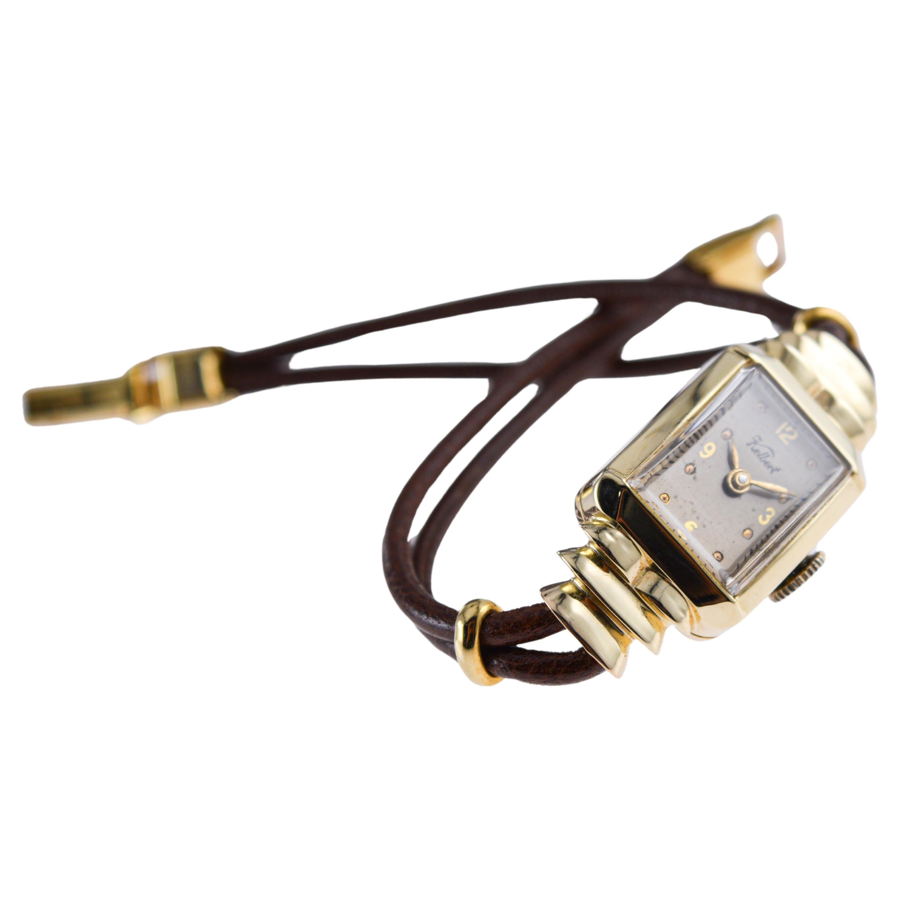 Women's Kelbert Ladies 14Kt Solid Yellow Gold Art Deco Watch Hand Made 1940's For Sale