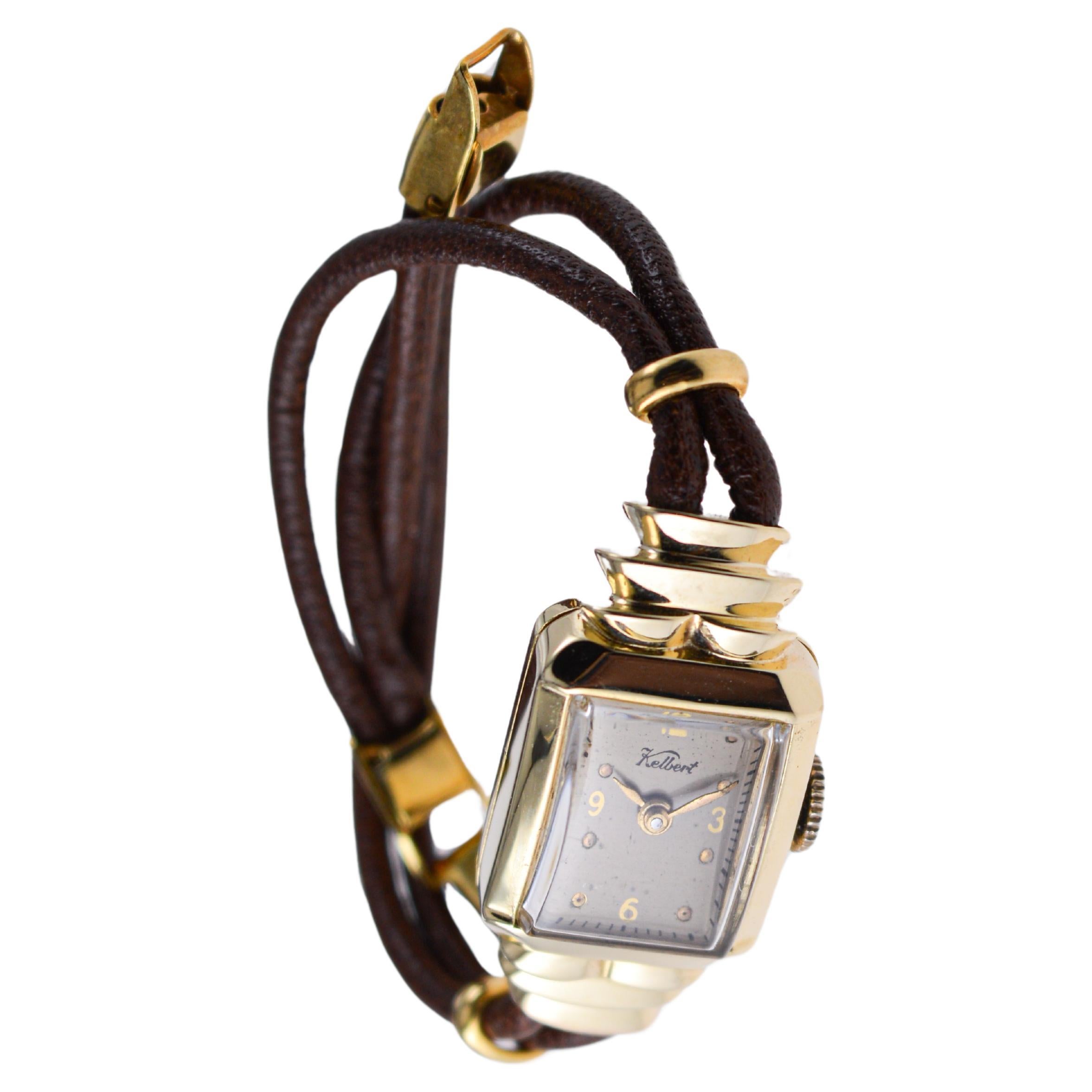 Kelbert Ladies 14Kt Solid Yellow Gold Art Deco Watch Hand Made 1940's For Sale 4
