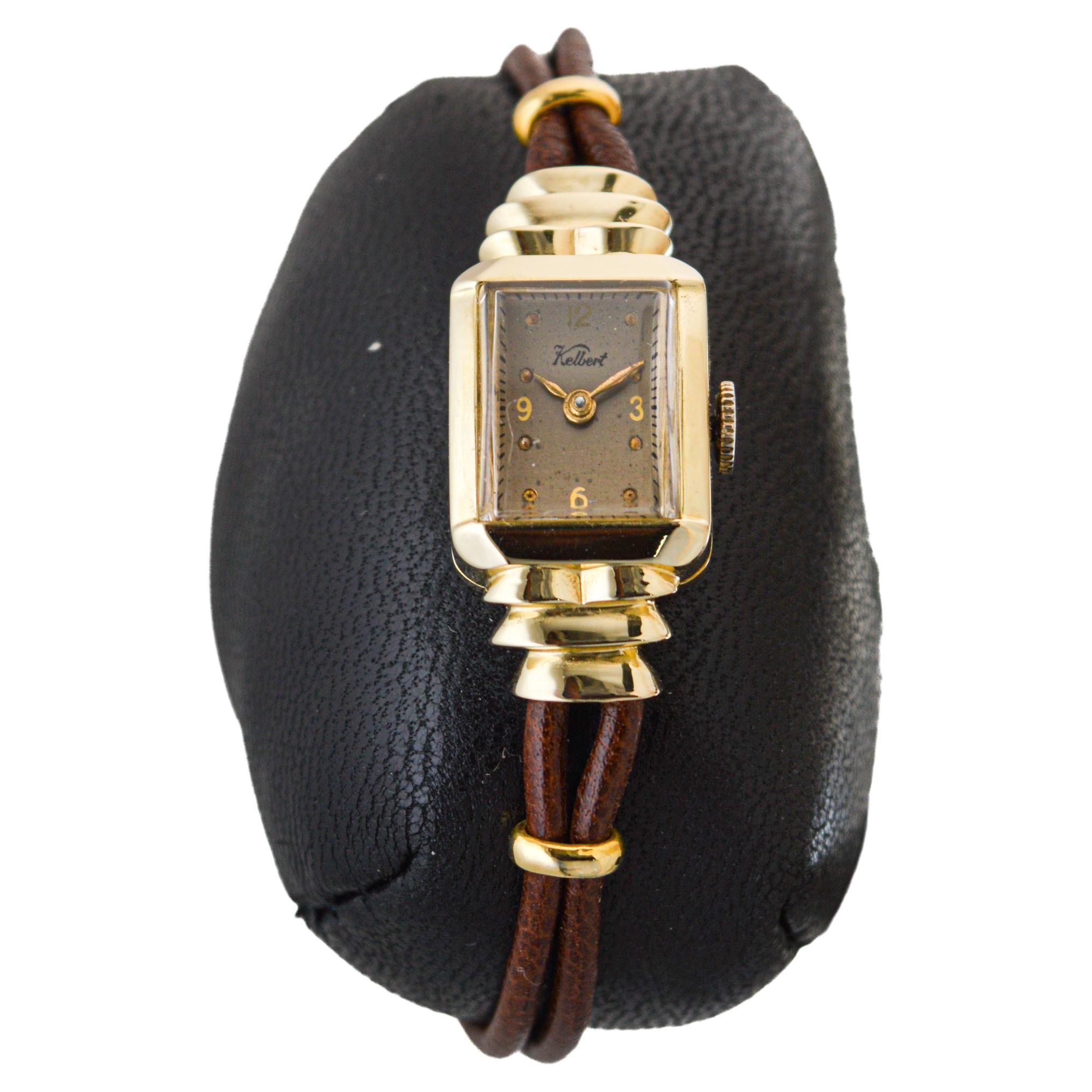 Kelbert Ladies 14Kt Solid Yellow Gold Art Deco Watch Hand Made 1940's For Sale
