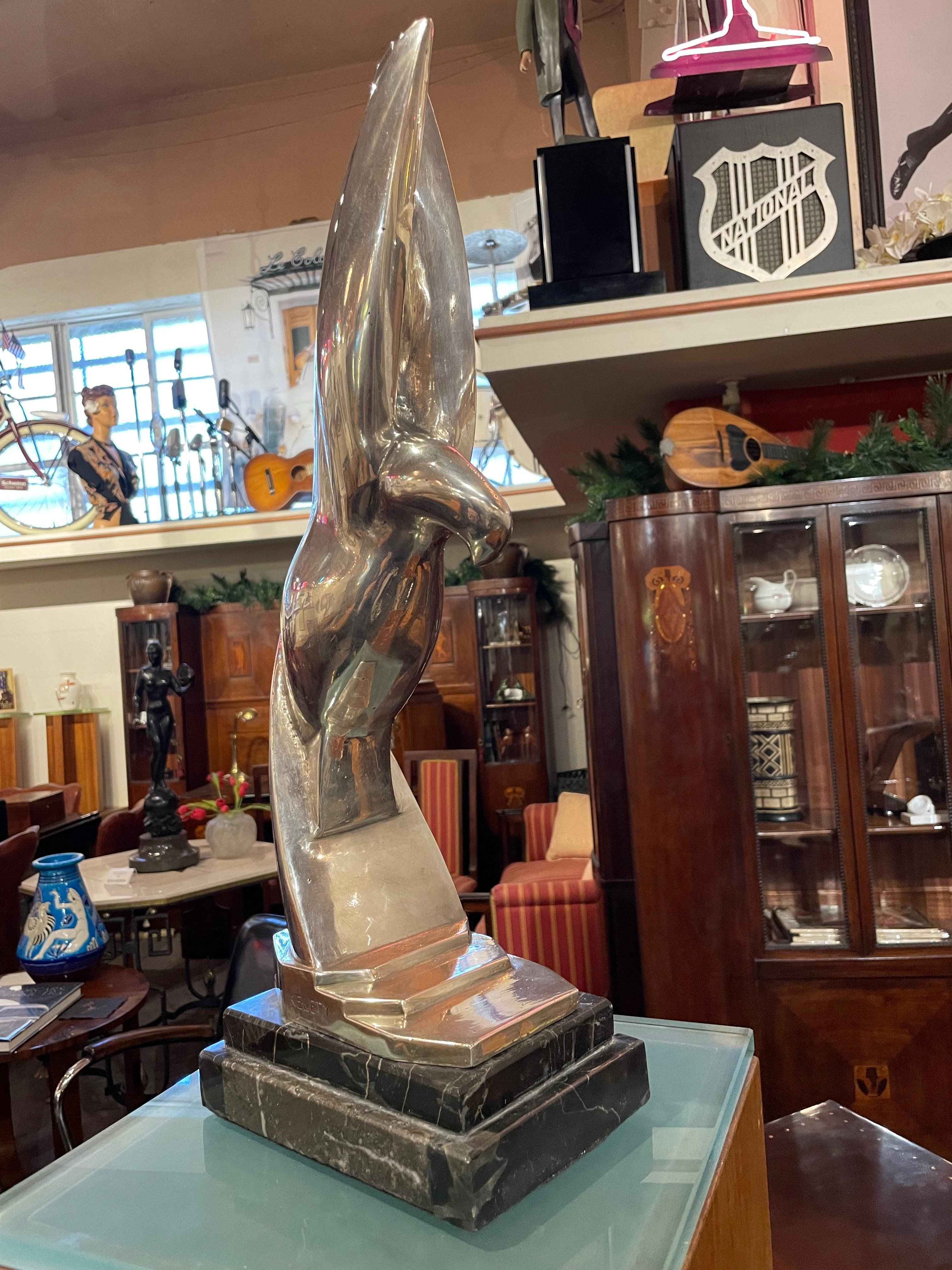 Kelety Art Deco Silvered Bronze and Marble Large Eagle Statue Art Deco In Good Condition In Oakland, CA