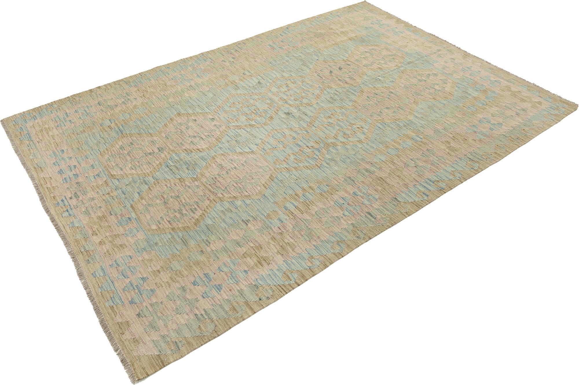 Handwoven Afghan Kelim, created using traditional flatweave techniques.

Soft blue geometric pattern on a light ground, offering a calming, modern look.

Crafted from 100% wool pile and warp, ensuring durability and natural comfort.

Size: 184 × 266