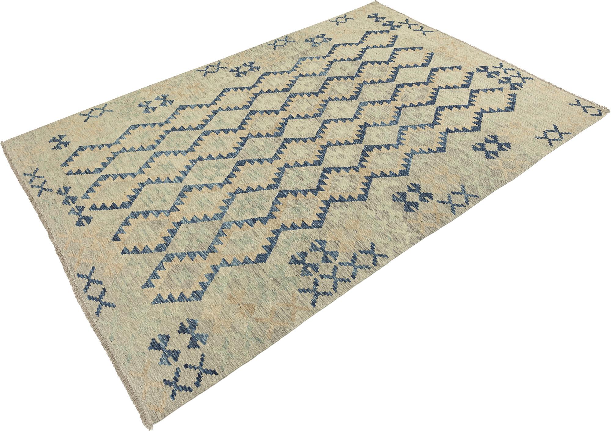 Authentic Afghan Kelim, handwoven with traditional flatweave techniques.

Gray base with blue geometric diamond motifs, offering a modern yet artisanal aesthetic.

Made from 100% wool (pile and warp) – durable, breathable, and naturally