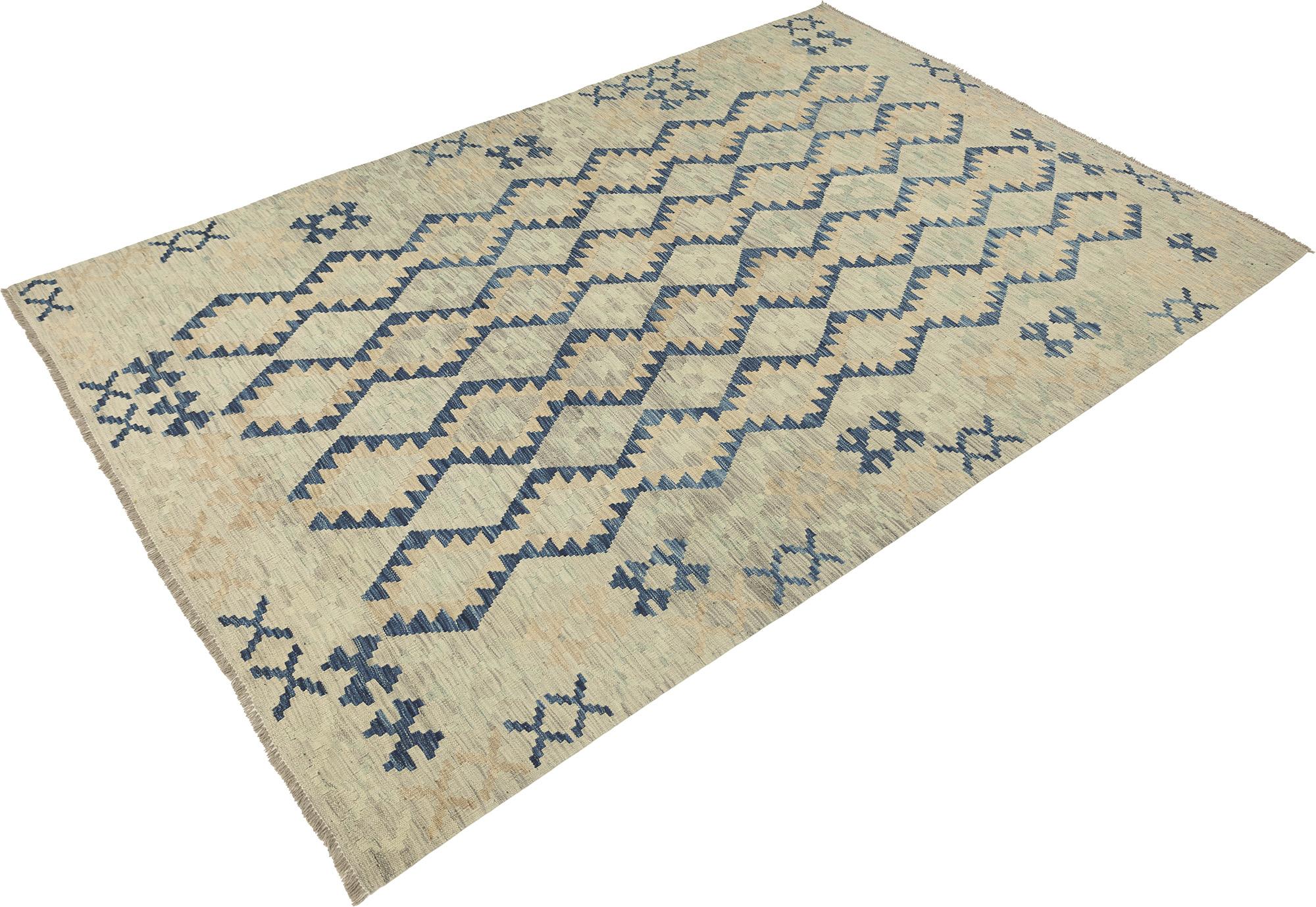 Hand-Woven Kelim Afghan (189 × 278 cm, new, wool, gray/blue) For Sale