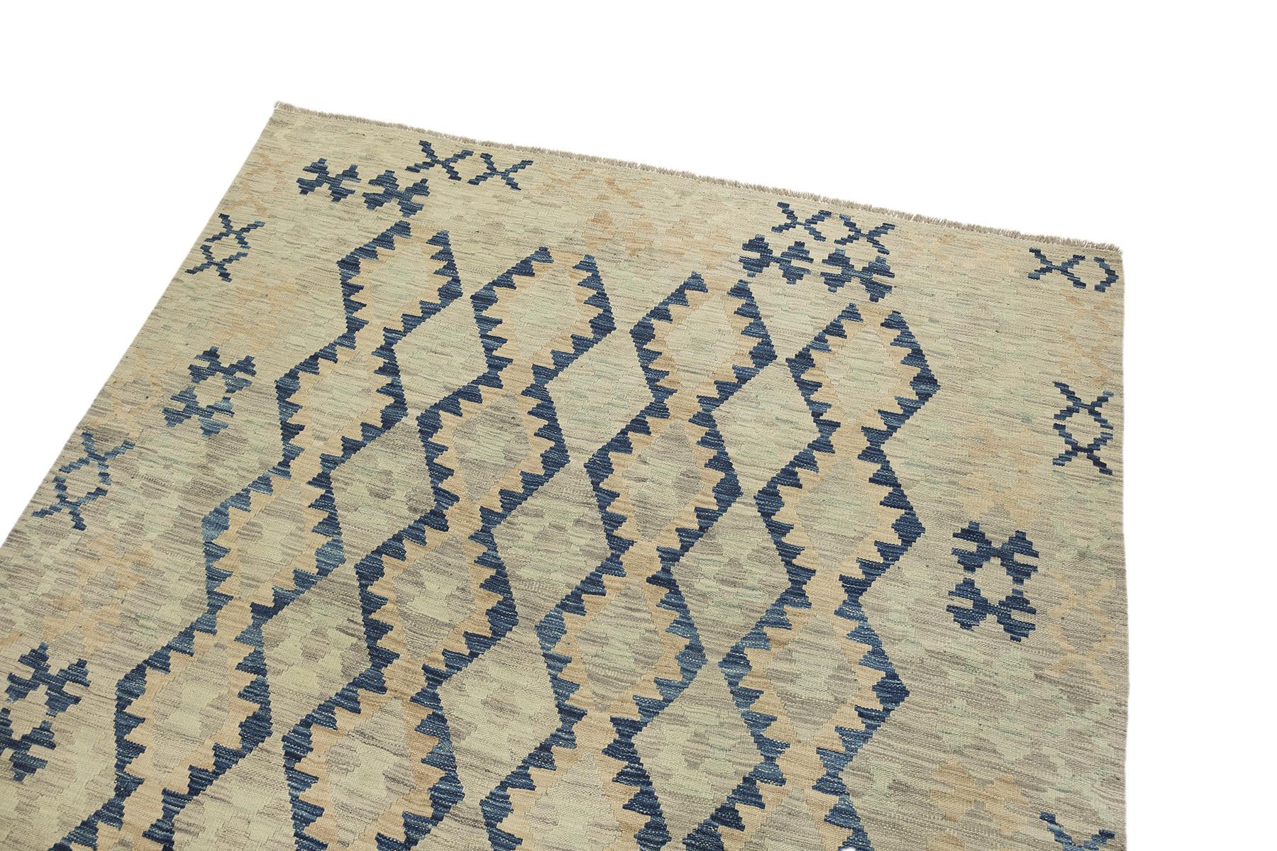 Kelim Afghan (189 × 278 cm, new, wool, gray/blue) In New Condition For Sale In North Bergen, NJ