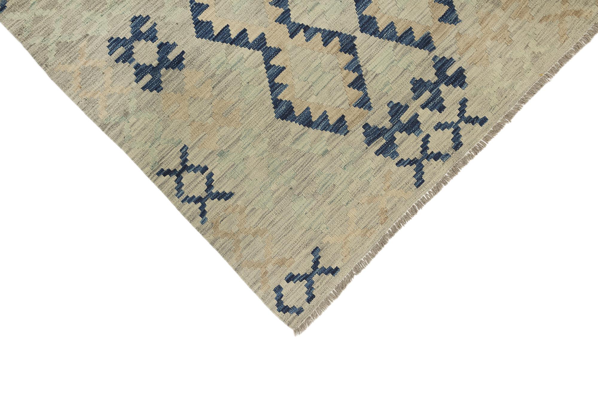 Contemporary Kelim Afghan (189 × 278 cm, new, wool, gray/blue) For Sale