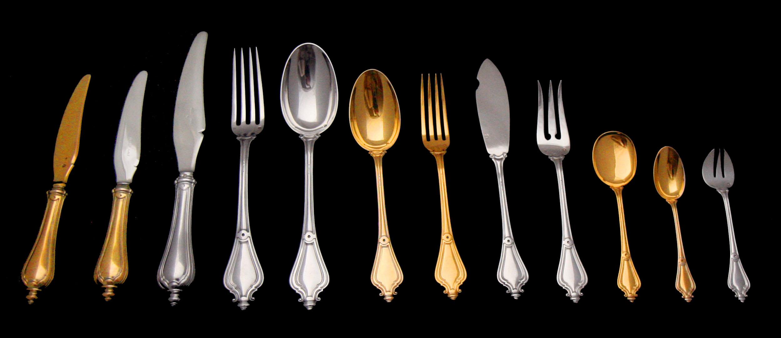 Direct from Paris, A Magnificent 198-piece Sterling Silver and gold plated sterling silver Flatware Set by One of France's Premier Silversmiths 