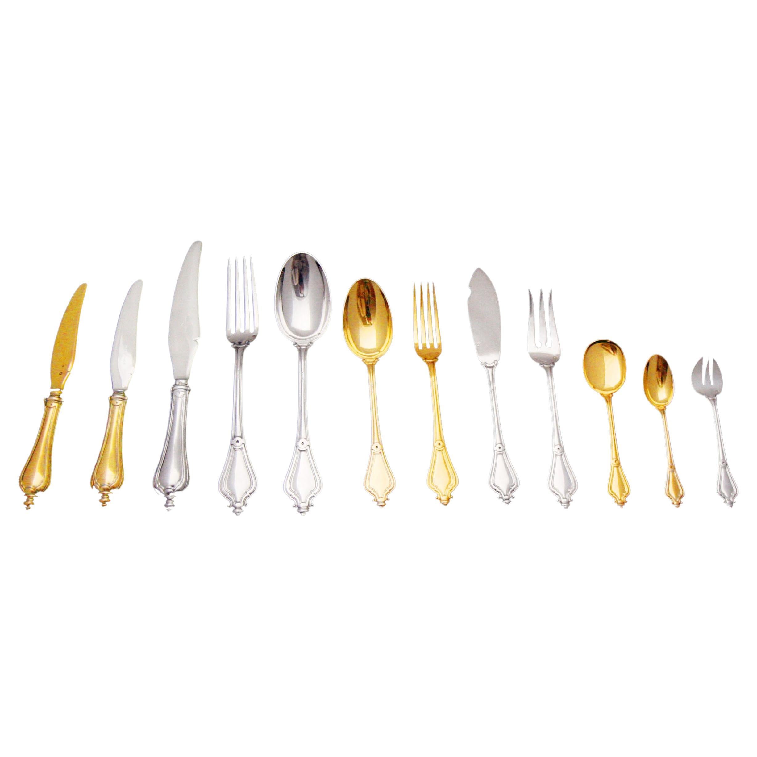 Keller - 198pc Antique French Sterling Silver & Vermeil Flatware Set + Chest For Sale