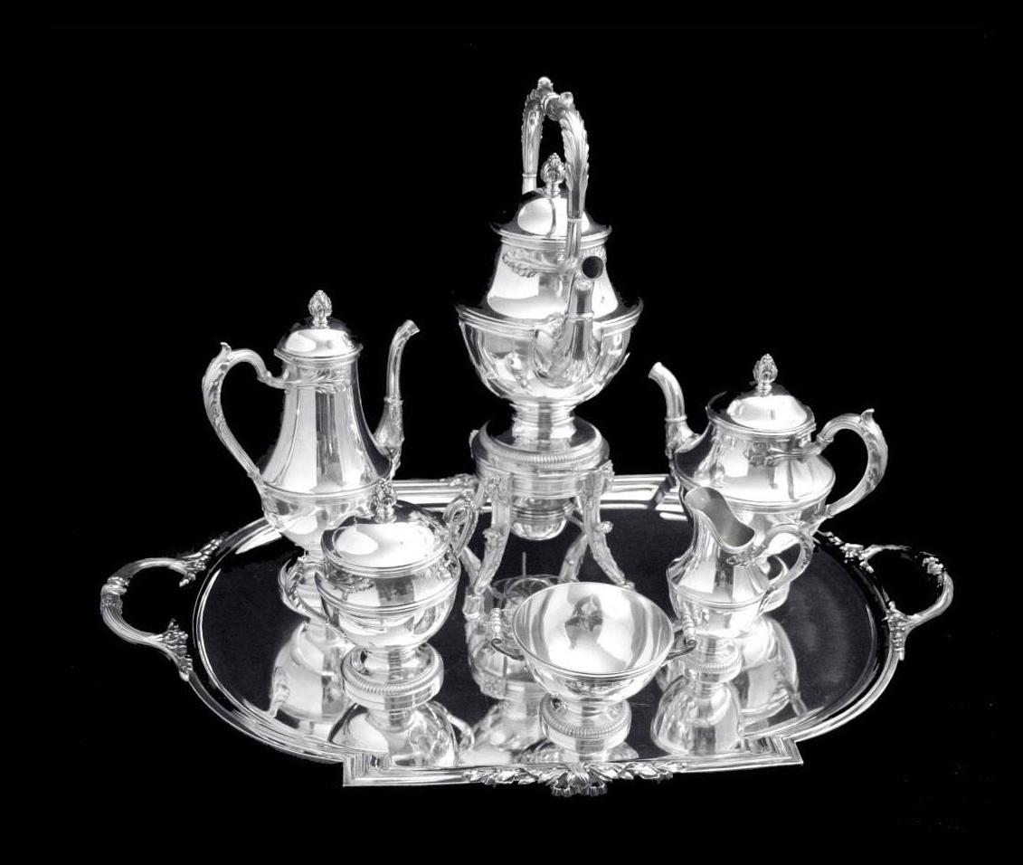 Keller 8pc. Tea Set – Description
Direct from Paris, A Gorgeous 19th Century Louis XVI, 8 pc. 950 Sterling Silver Tea / Coffee Set by one of France's Premier Silversmiths, Gustave Keller, Includes a Large Sterling Silver Serving Tray and 7