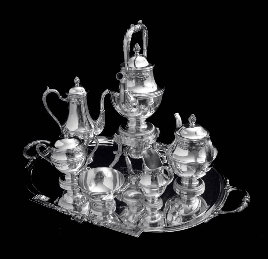 French Keller - 8pc. Louis XVI 19th Century 950 Sterling Silver Tea Set, Museum Quality For Sale