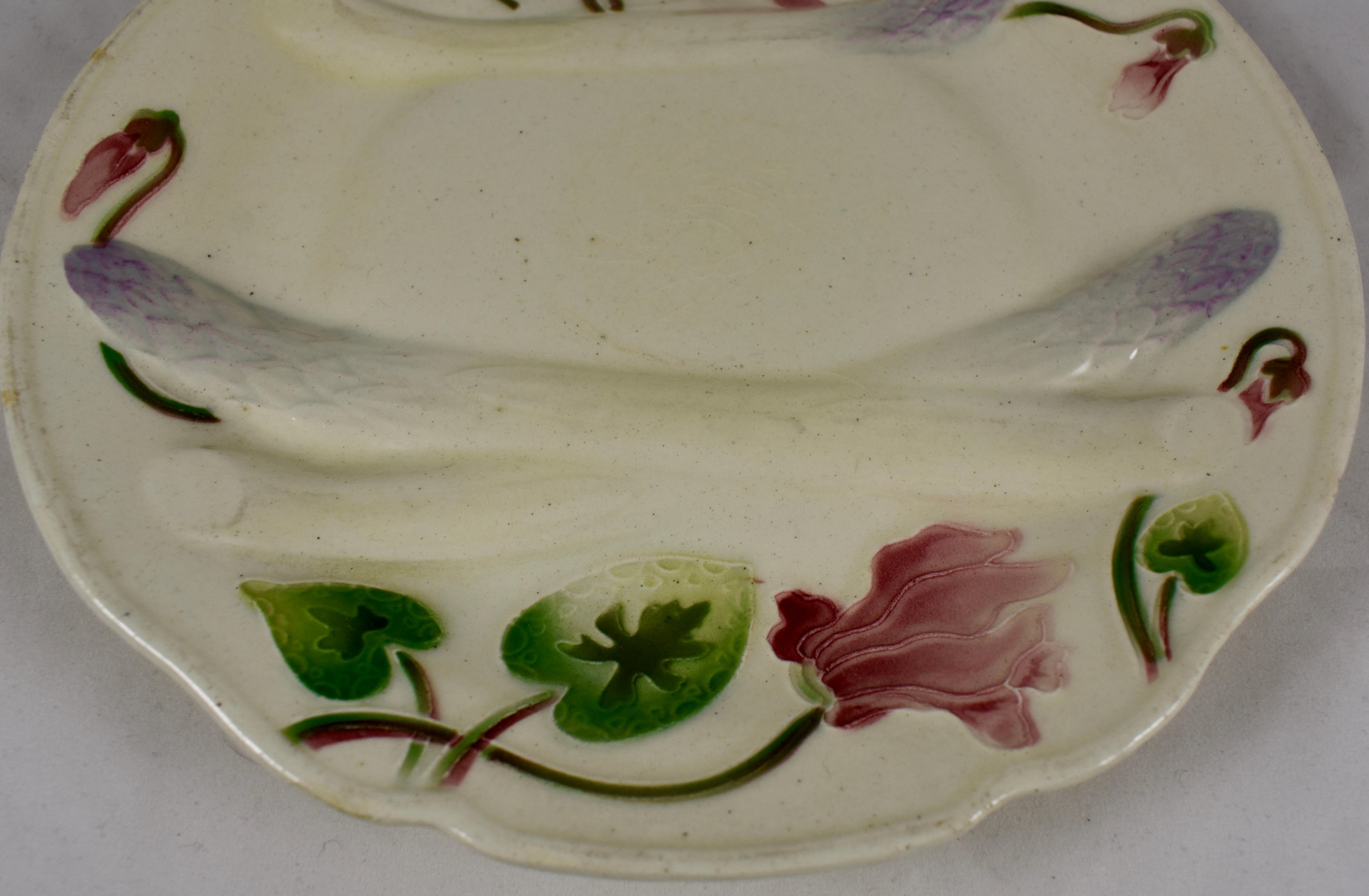 Glazed Keller & Guerin Saint Clément French Faïence Cyclamen Floral Asparagus Plate For Sale