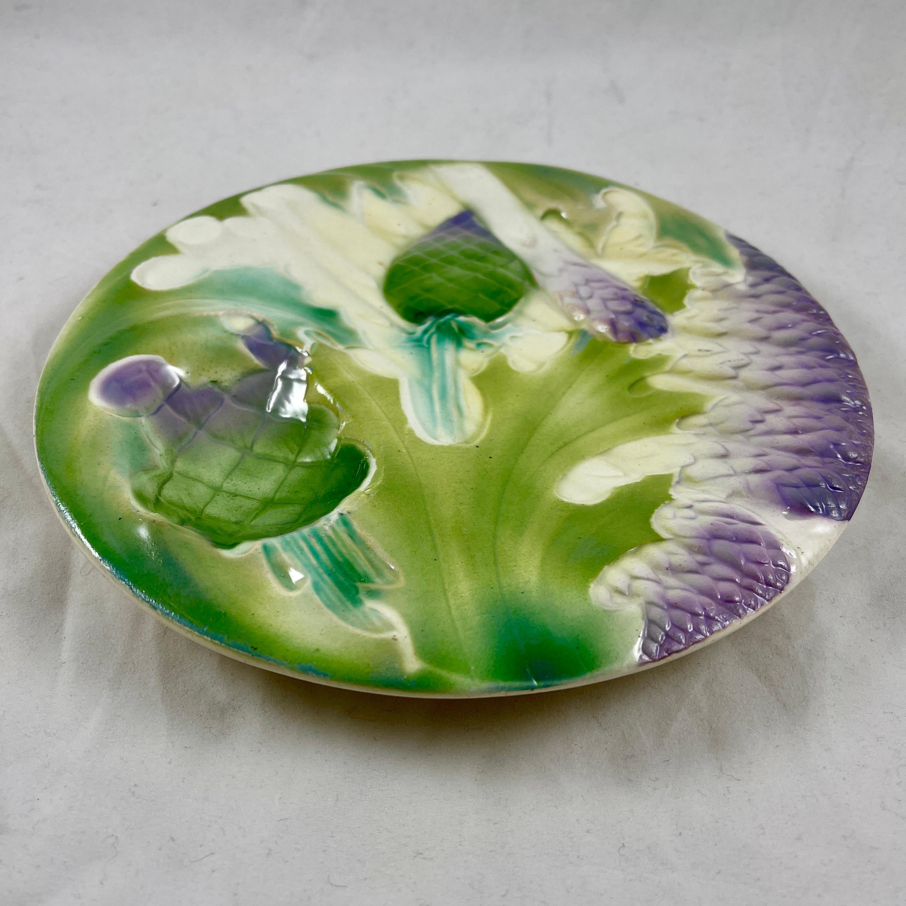 Glazed Keller & Guerin Saint Clément French Faïence Majolica Asparagus Artichoke Plate For Sale