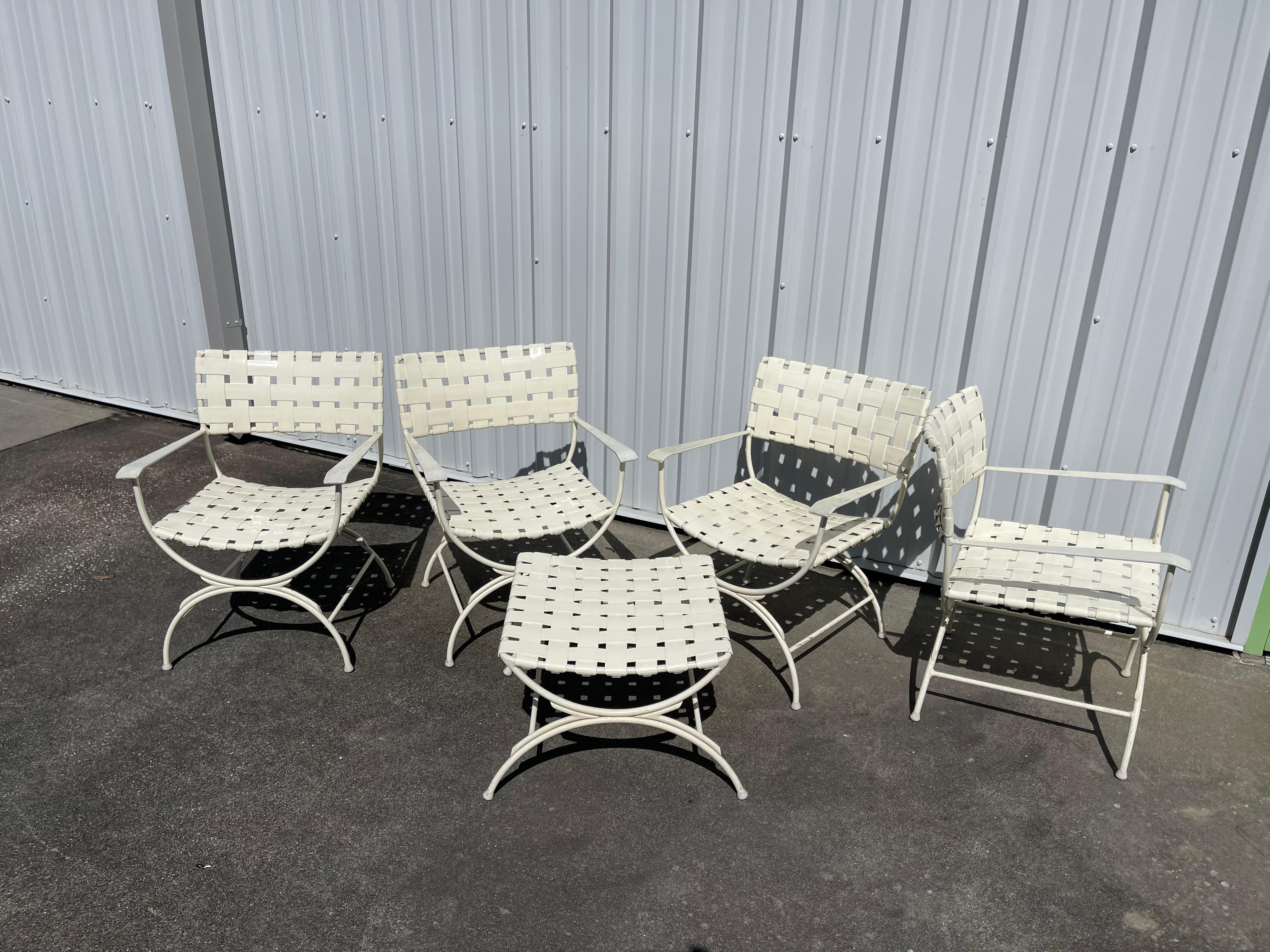 Keller Scroll Aluminum X Base Campaign Director’s Patio Chairs, Set 4 + Ottoman In Good Condition For Sale In Jensen Beach, FL