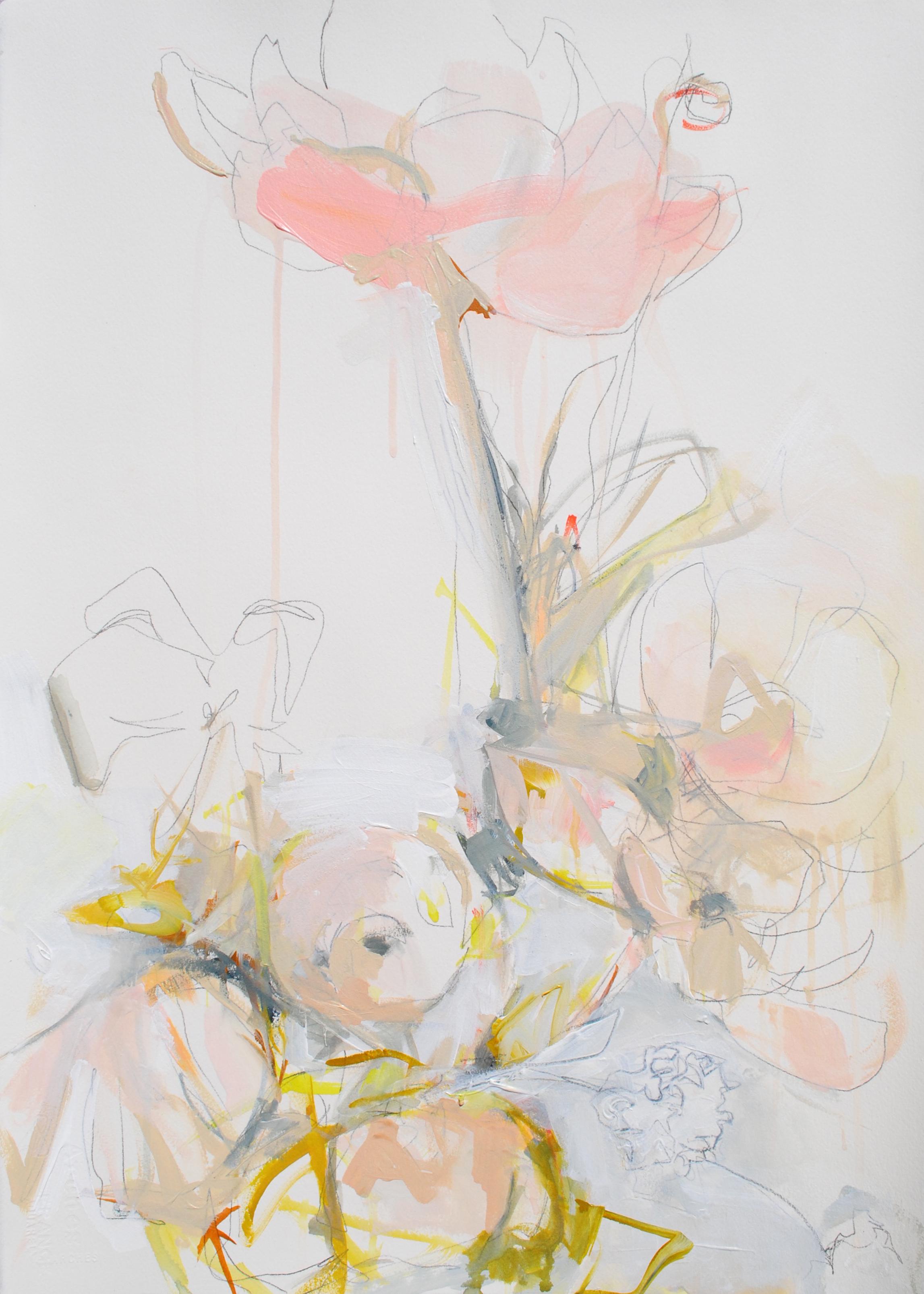 'Above All Else' is a medium size framed abstract floral mixed media on paper piece, created by American artist Kelley B. Ogburn in 2019. Featuring a soft palette mixing soft pink, grey and yellow tones, the painting is an abstracted depiction of a