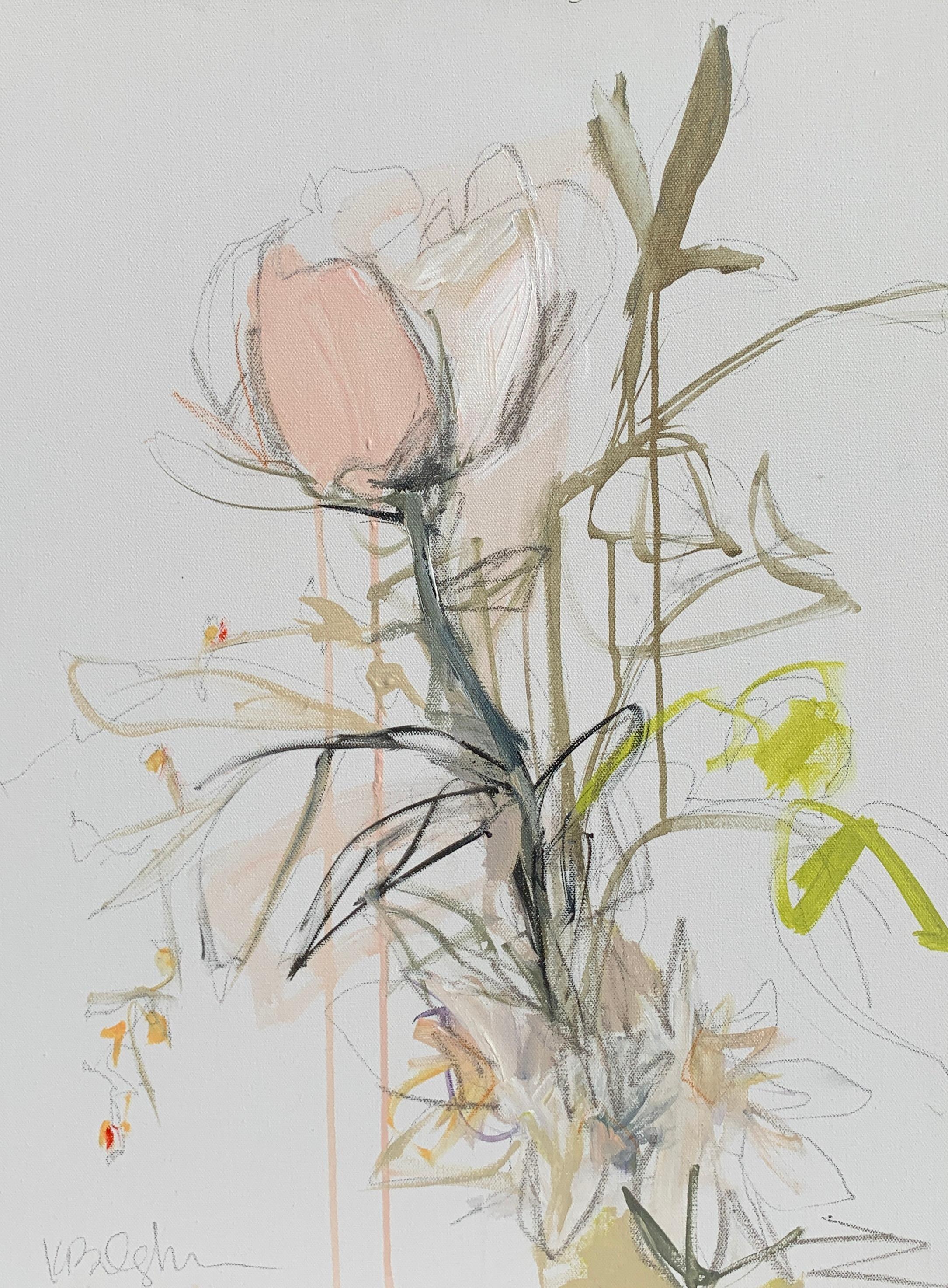 'Collected' is a medium size floral mixed media on canvas still-life painting created by American artist Kelley Ogburn in 2019. Featuring a soft palette made of soft pink, green, orange and grey tones, this painting is a joyous depiction of a