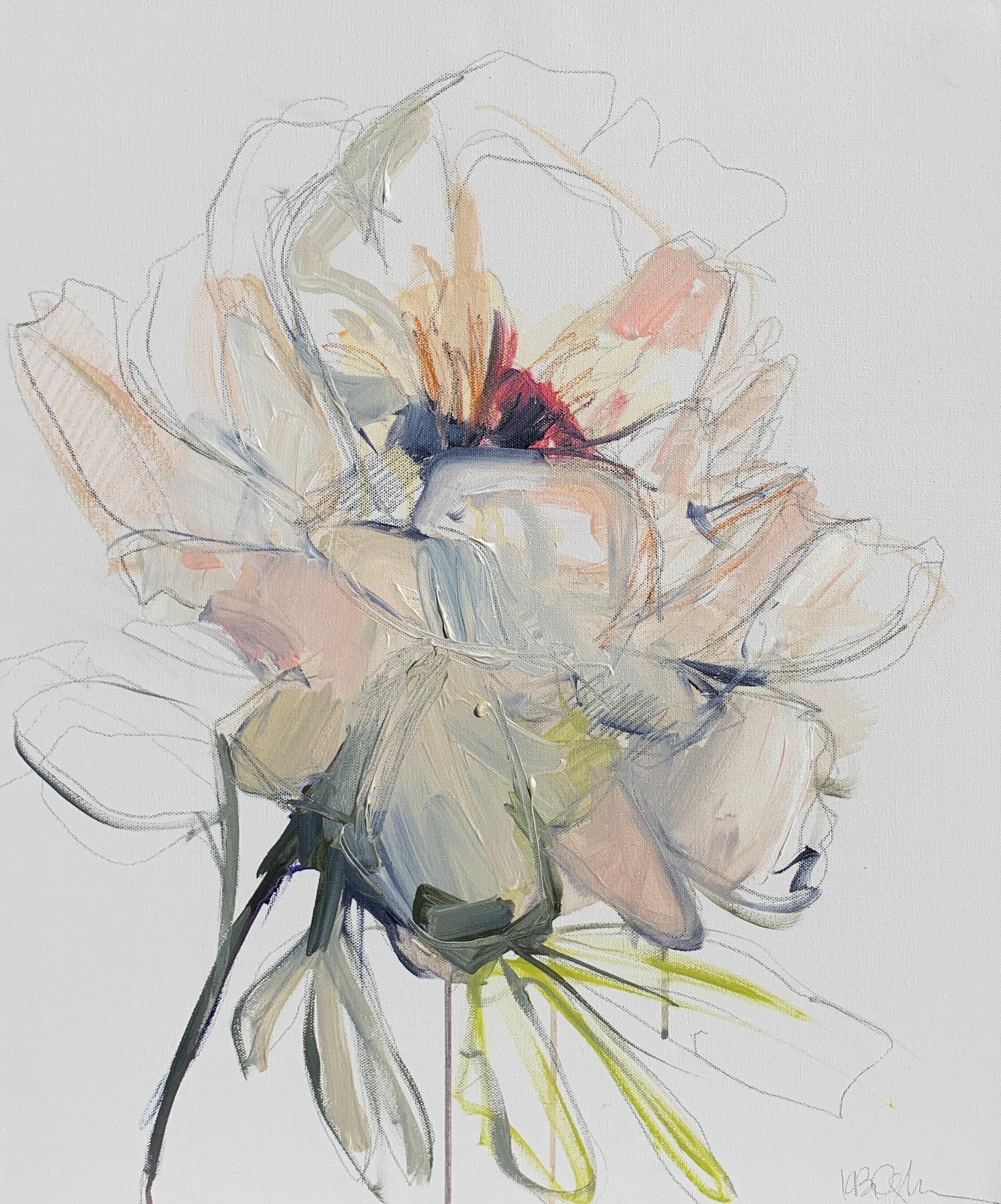 'The Stem' is a medium size floral mixed media on canvas still-life painting created by American artist Kelley Ogburn in 2019. Featuring a soft palette made of soft pink, green, orange and grey tones, this painting is a sideways and effortless