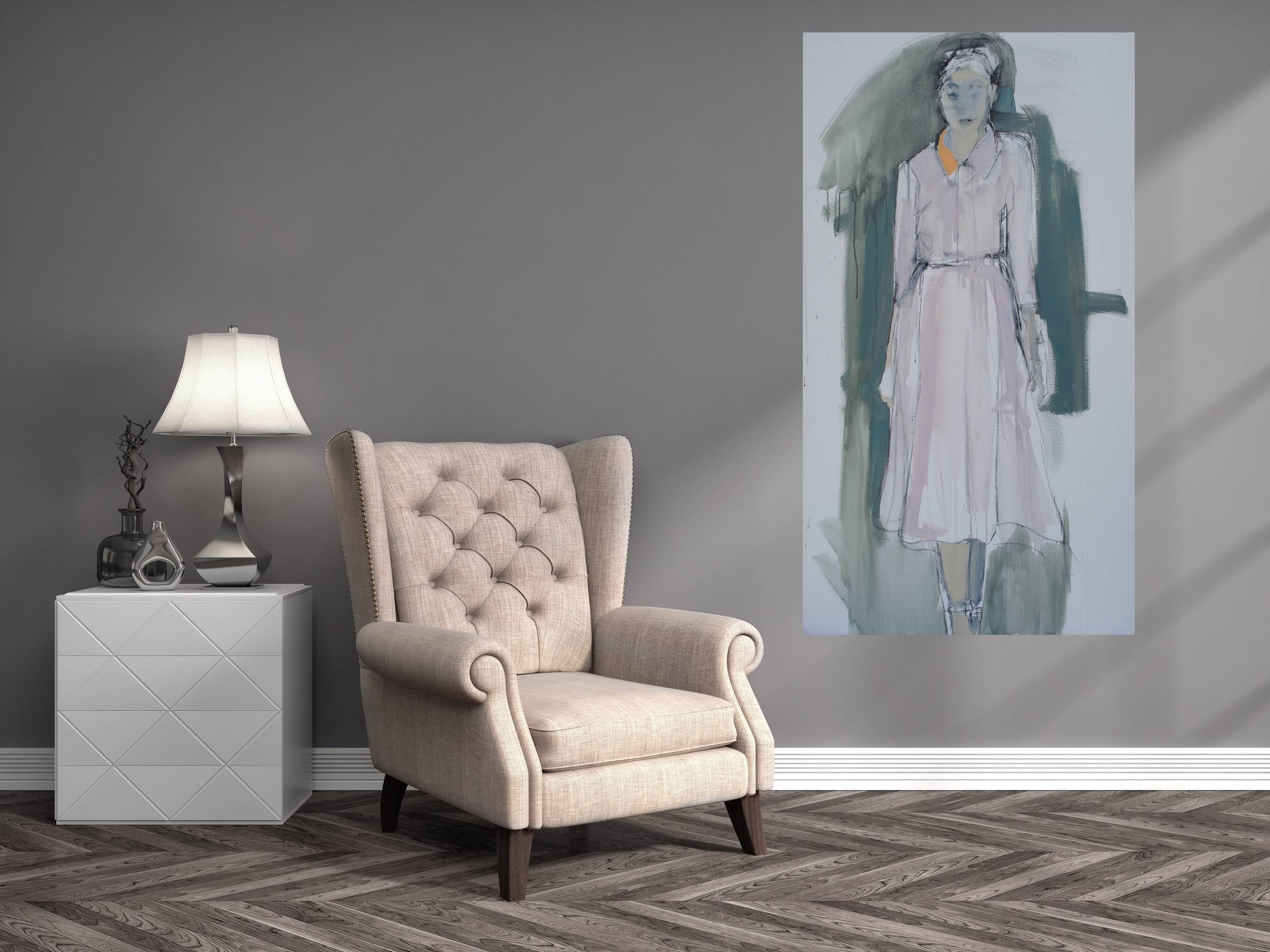 All Her Own, Vertical Format Figurative Mixed Media on Canvas Painting - Gray Figurative Painting by Kelley B. Ogburn
