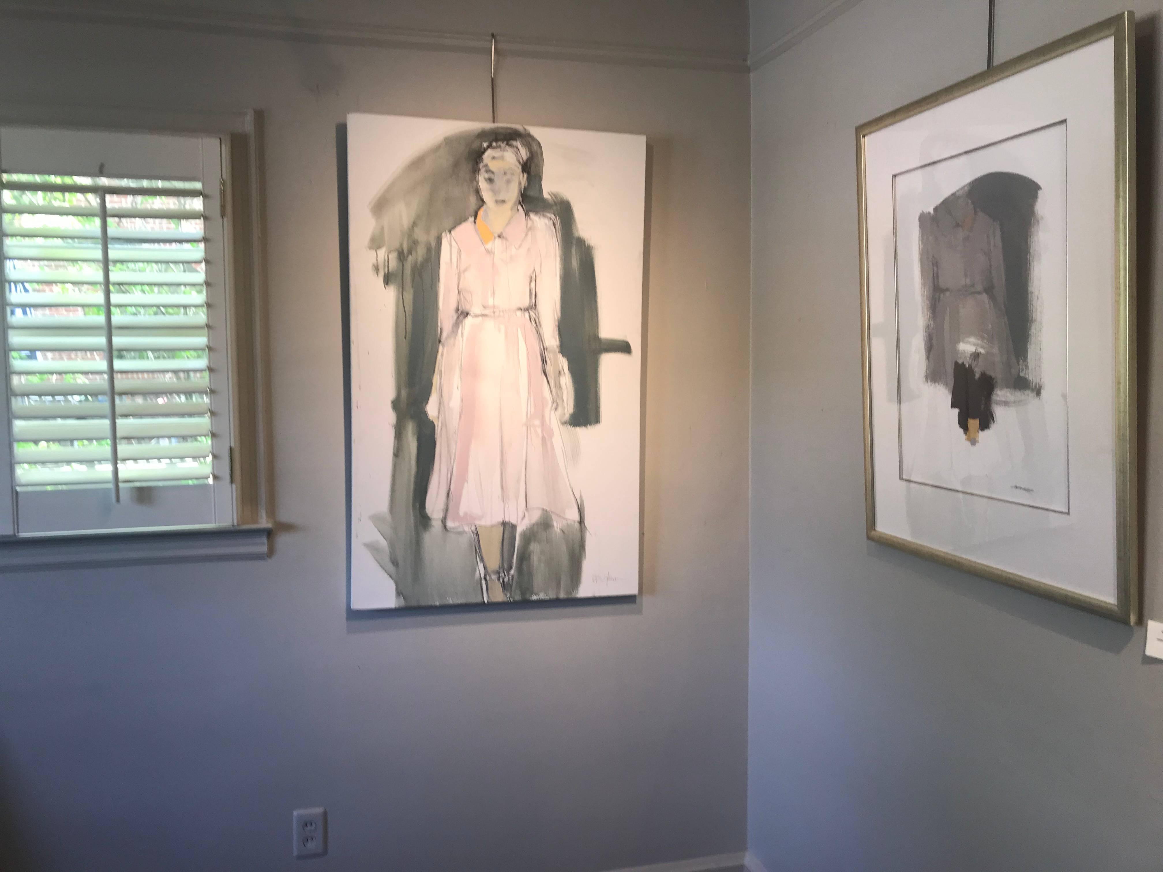 'All Her Own' is a contemporary figurative mixed media on canvas painting created by American artist Kelley Ogburn in 2018. This vertical format features a loose depiction of a woman, walking towards us. Mysterious, the painting exudes an aura of