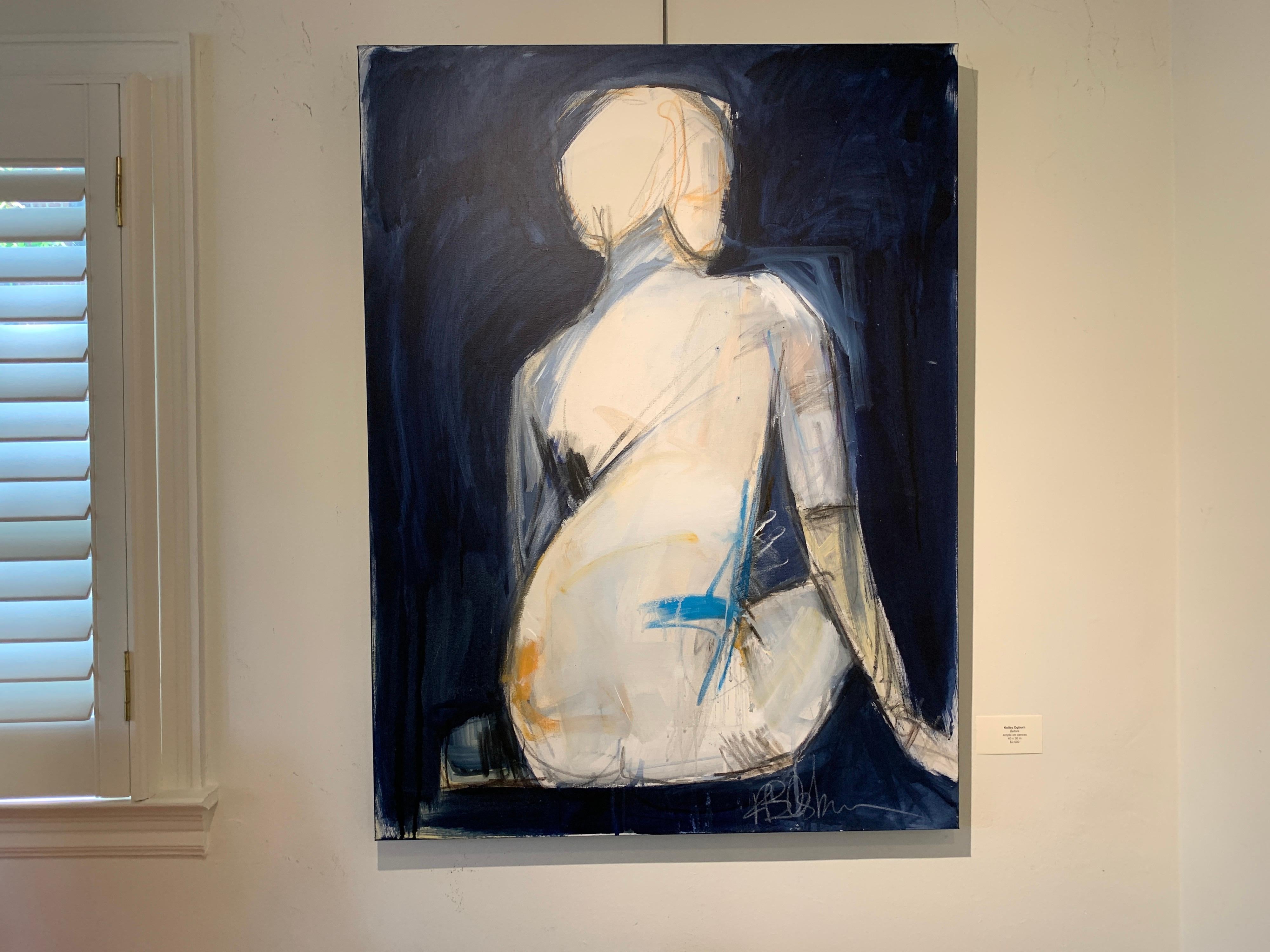 'Before' is a medium size mixed media on canvas abstracted nude painting created by American artist Kelley Ogburn in 2020. Featuring a palette made of blue, grey, green, white, black and pink tones, this painting draws our attention with its bold