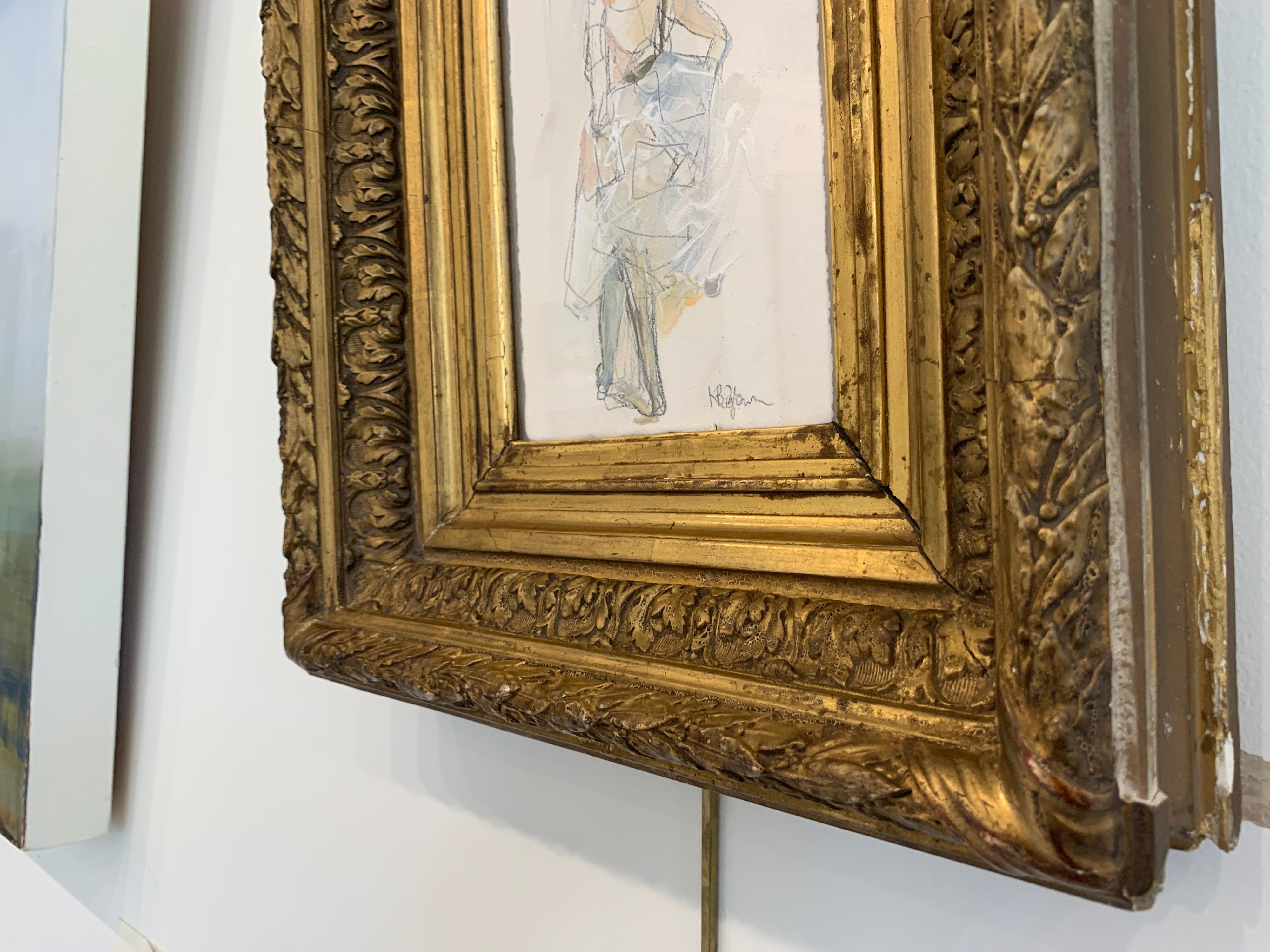 Dancer #2 by Kelley Ogburn Small Ballerina Painting on paper in Antique Frame - Brown Figurative Painting by Kelley B. Ogburn