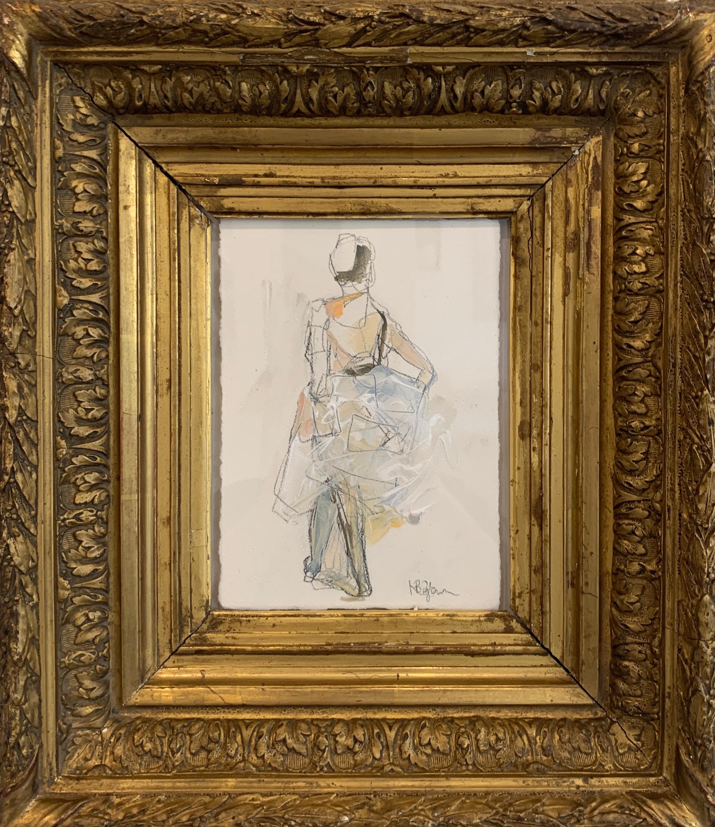 Kelley B. Ogburn Figurative Painting - Dancer #2 by Kelley Ogburn Small Ballerina Painting on paper in Antique Frame