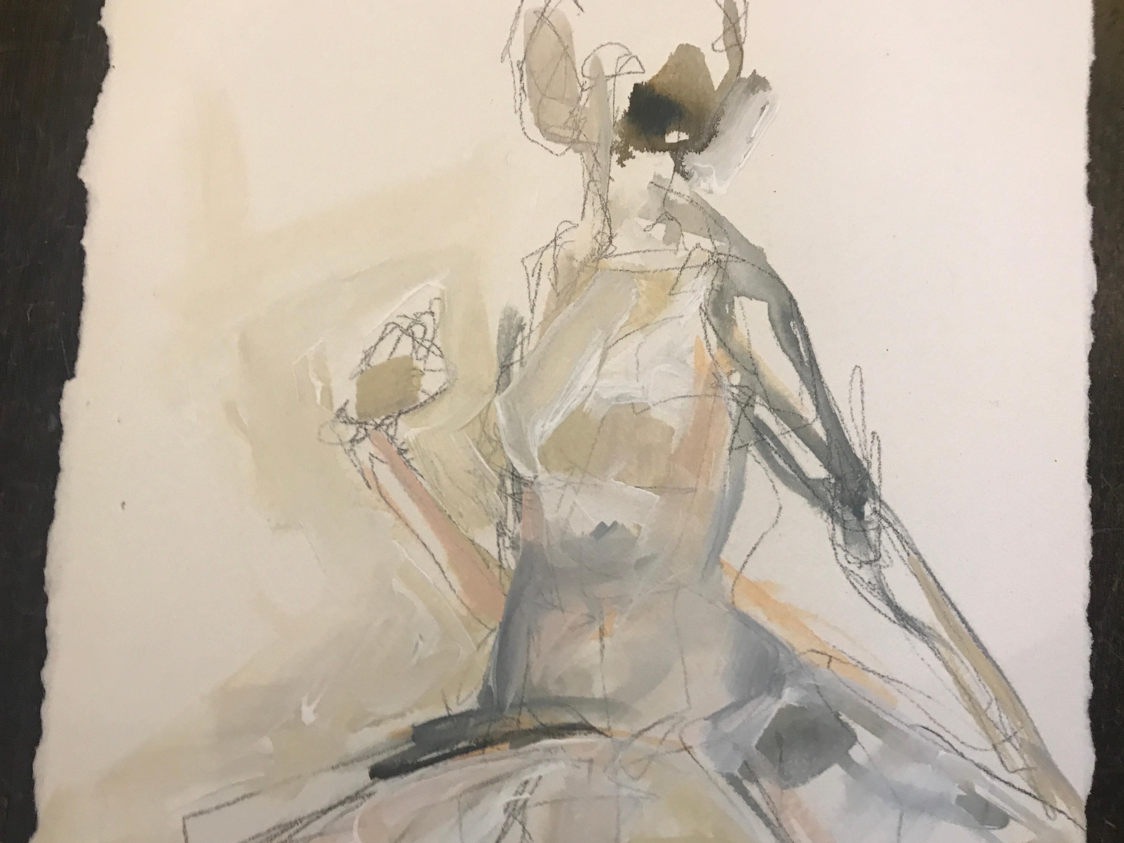 Dancer #2, Petite Vertical Ballerina Painting on Paper - Gray Figurative Art by Kelley B. Ogburn