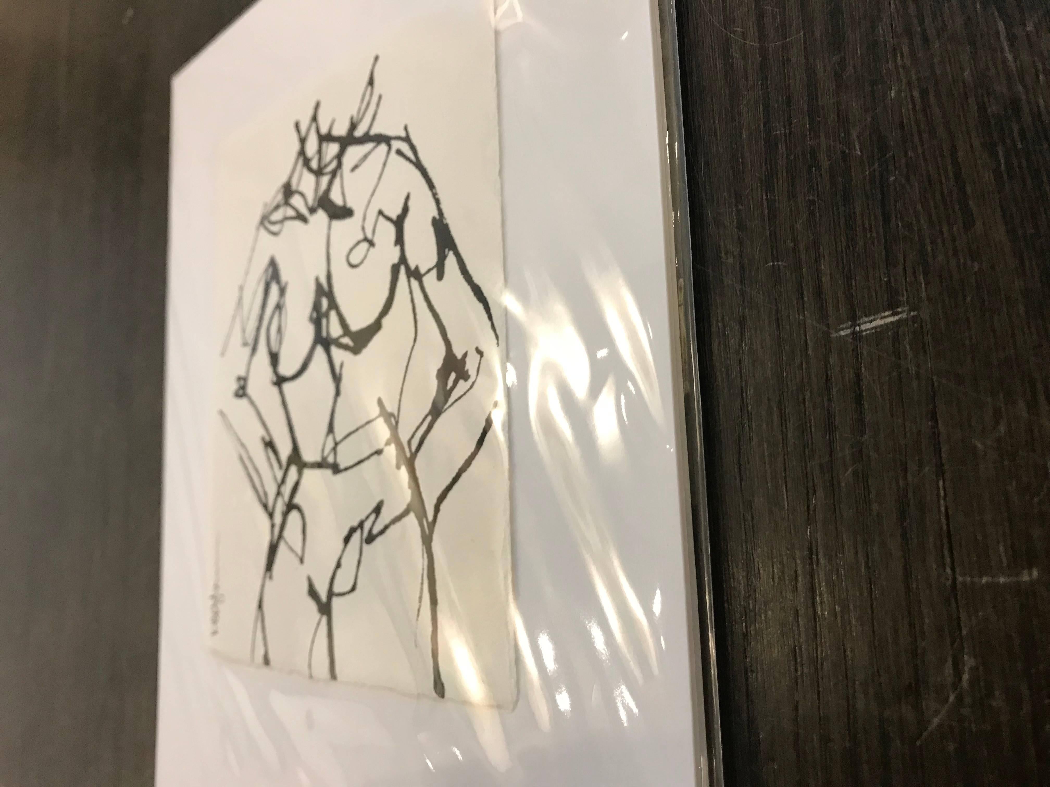 This ink on paper nude figurative depicts a women facing forward with her head slightly looking over her left shoulder, with both arms rested on her hips.  The contour line, the application of paint, the techniques by which art is created all