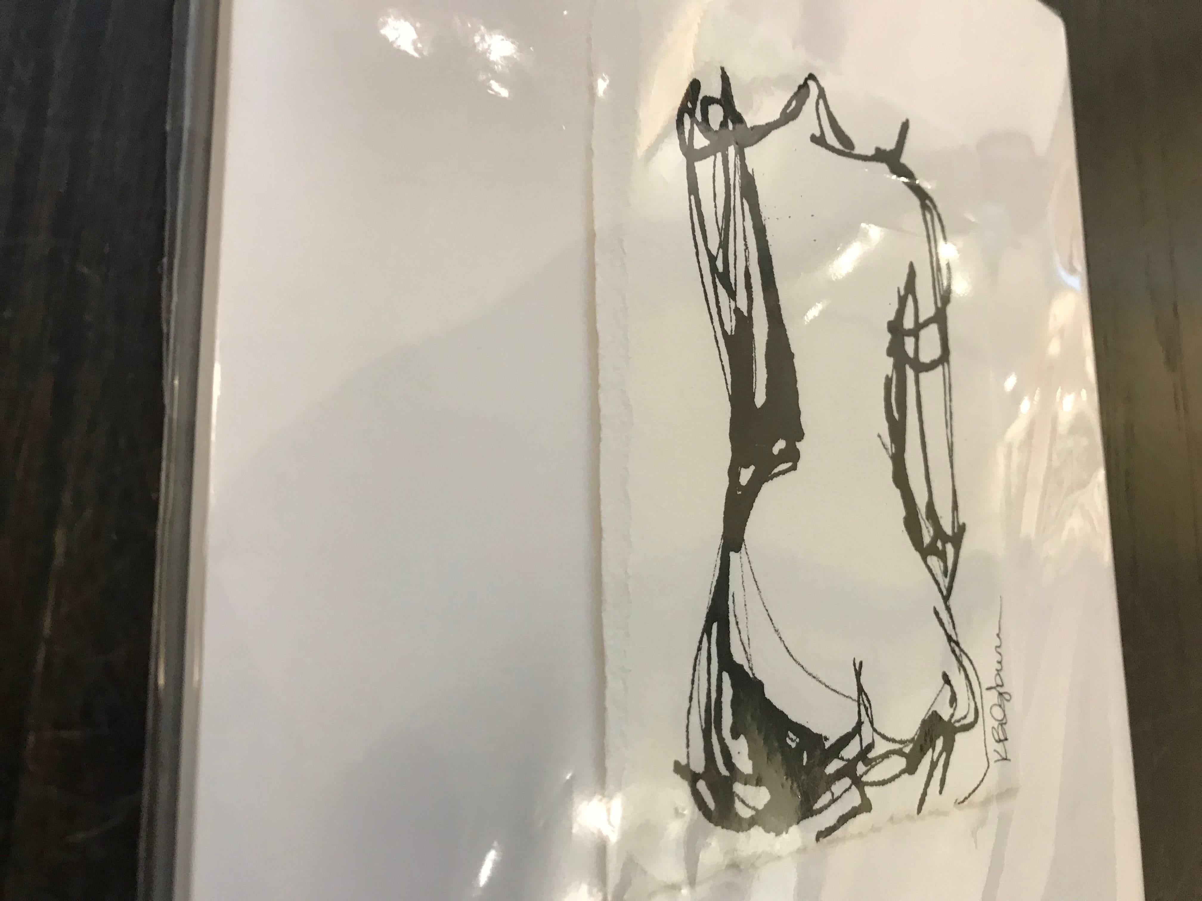 This ink on paper nude figurative piece depicts a woman facing the opposite direction sitting on her knees.  Her head is slightly tilted over her right shoulder and her right arm is subtly extended.  The contour line, the application of paint, the
