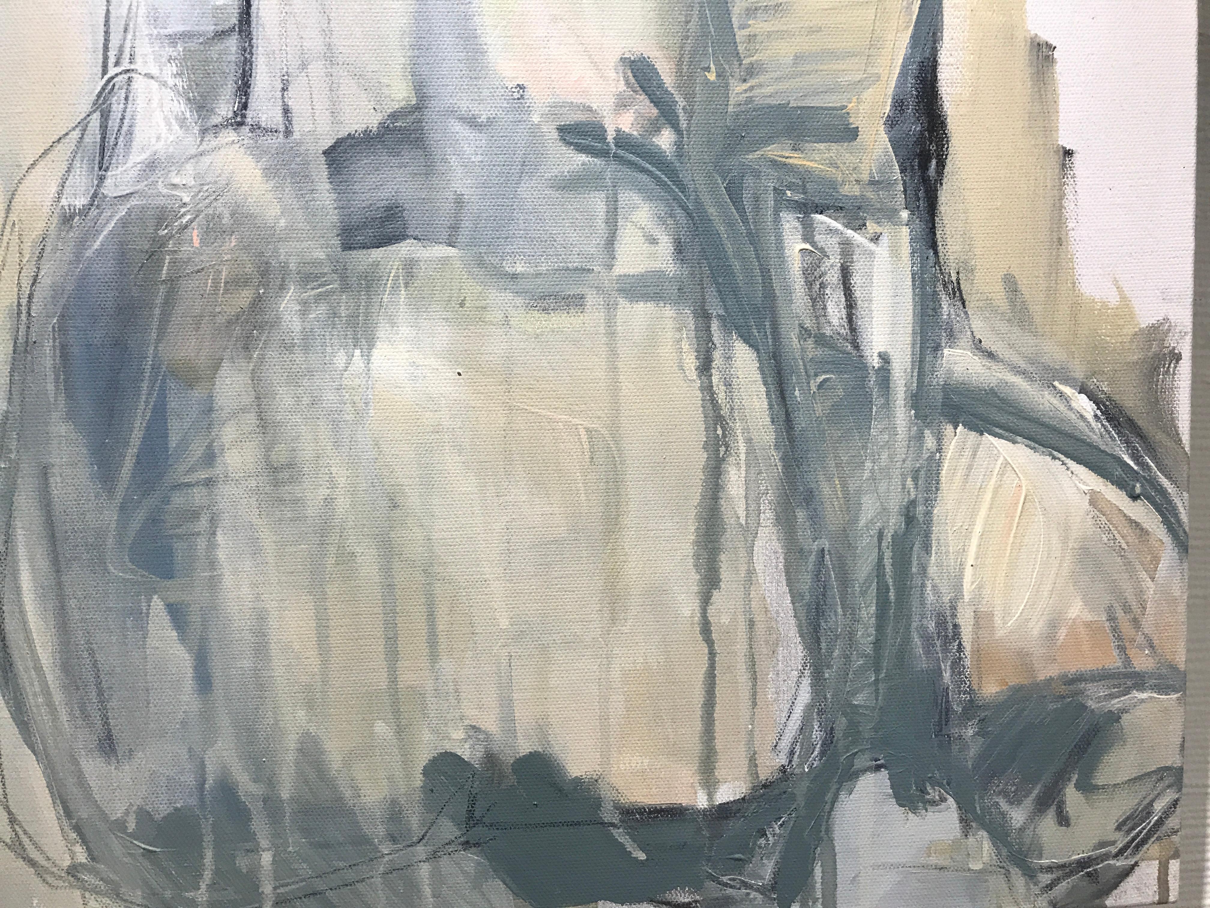 'Nothing More' is a medium size mixed media on canvas abstracted nude painting of vertical format, created by American artist Kelley Ogburn in 2018. Featuring a soft palette mostly made of grey, blue, white, cream and pink tones, the painting