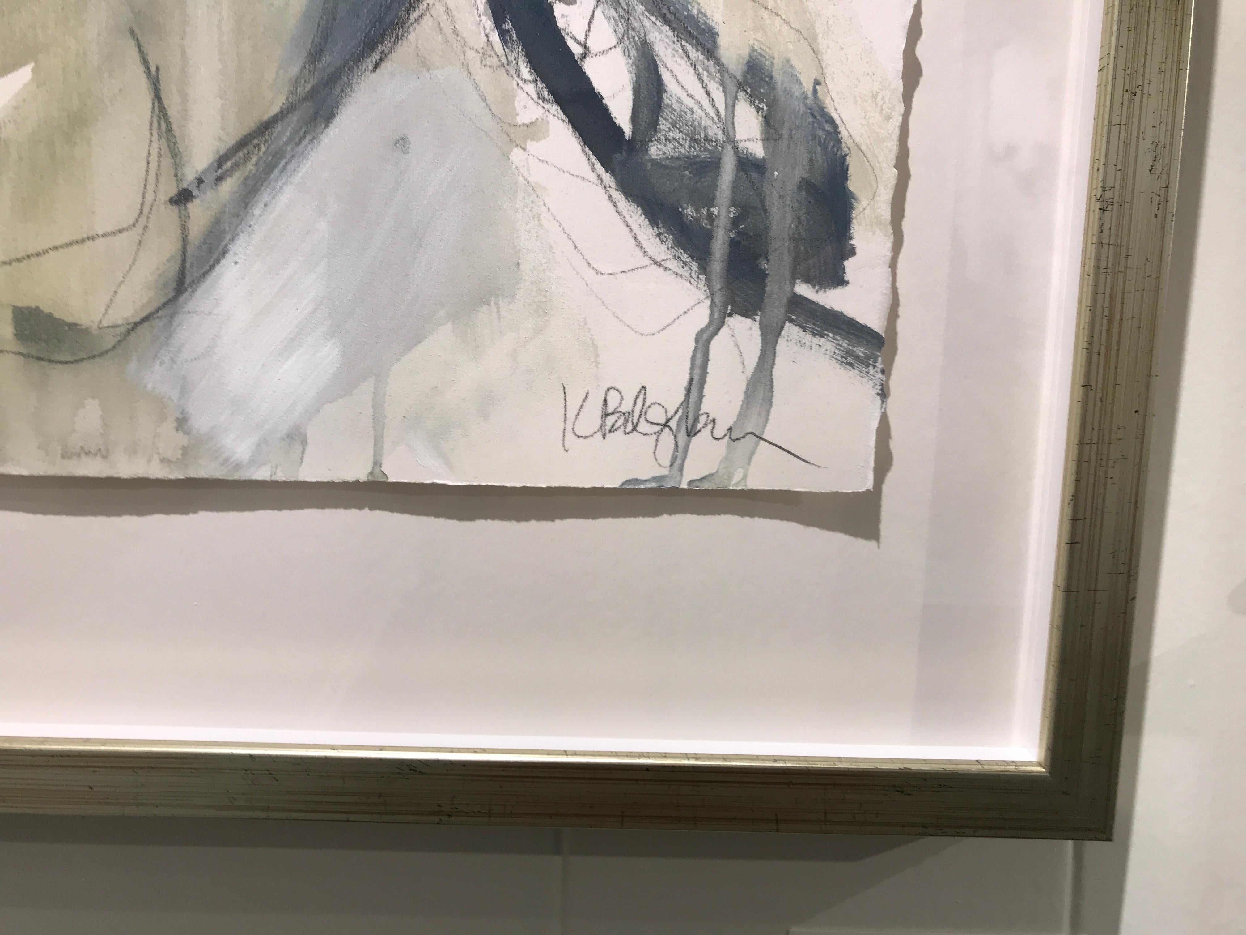 'Presence' is a medium size framed abstract mixed media on paper nude painting created by American artist Kelley Ogburn in 2018. Featuring a palette made of black, grey, pink and ochre tones, this painting draws our attention with its bold and