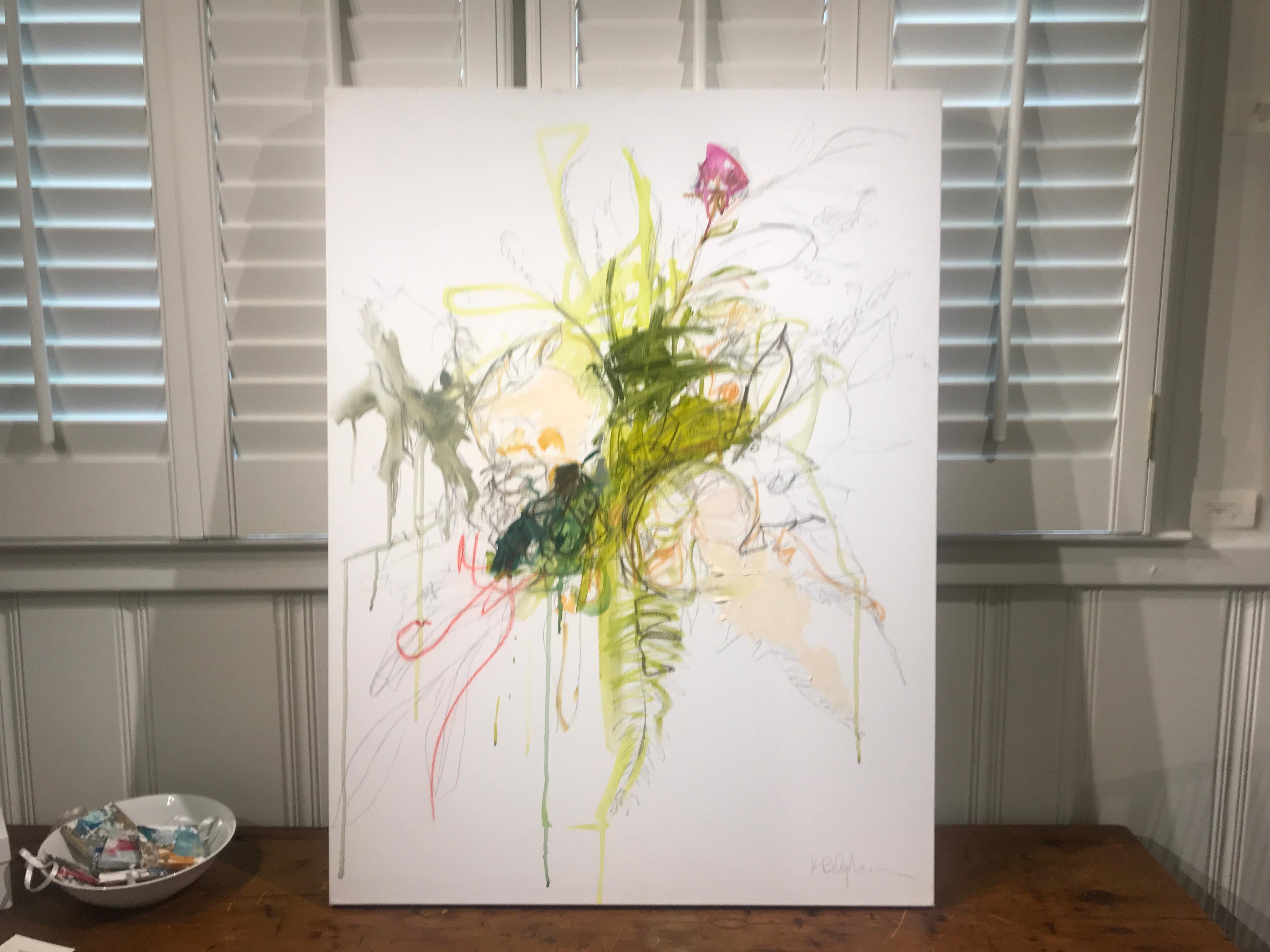'Revolution' is a medium size mixed media on canvas abstract floral painting created by American artist Kelley Ogburn in 2019. Featuring a palette made of green and pink tones among others, this painting captures our attention with its bold and
