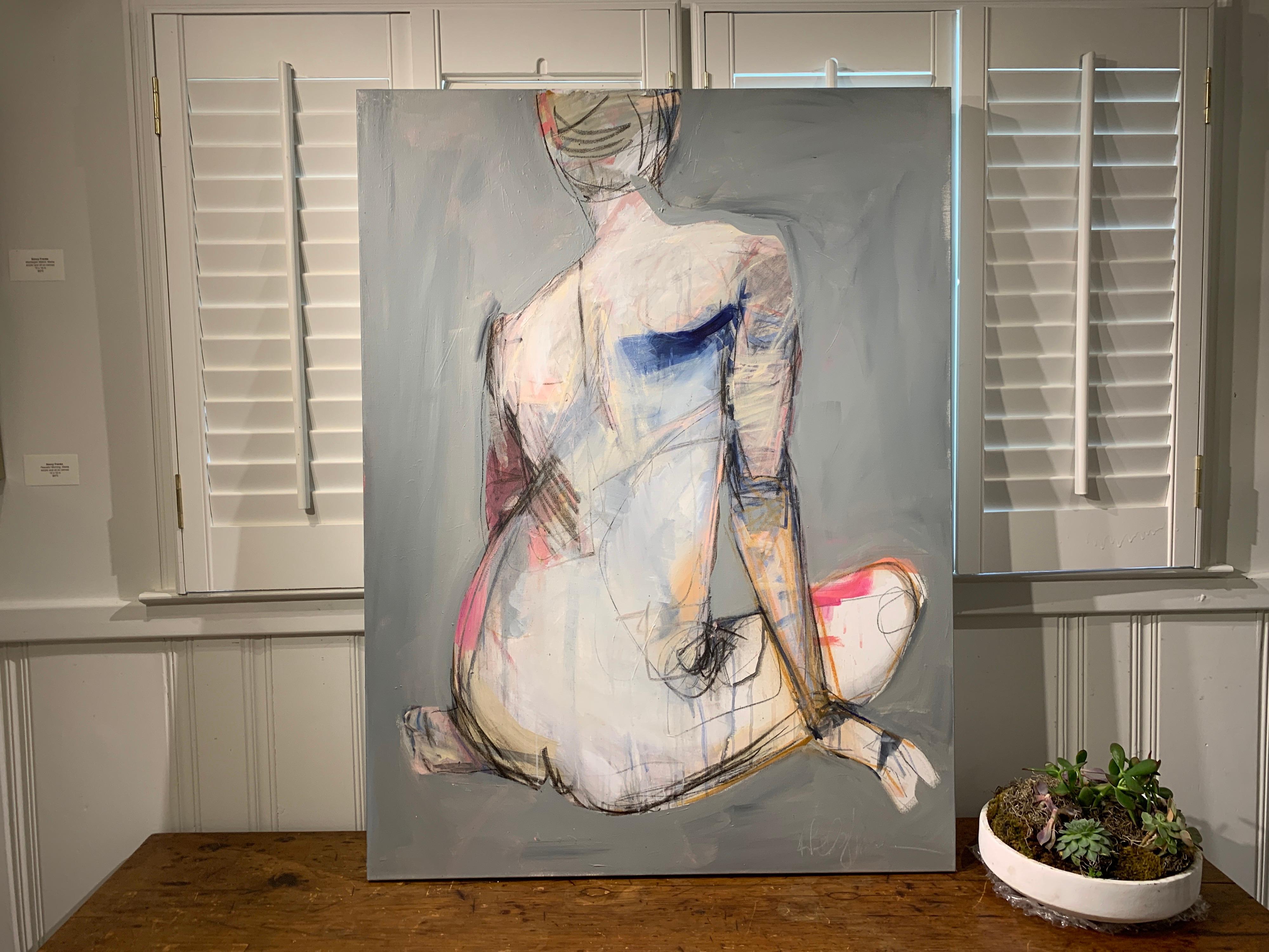 'Still' is a medium size mixed media on canvas abstracted nude painting created by American artist Kelley Ogburn in 2020. Featuring a palette made of blue, grey, white, black and pink tones, this painting draws our attention with its bold and