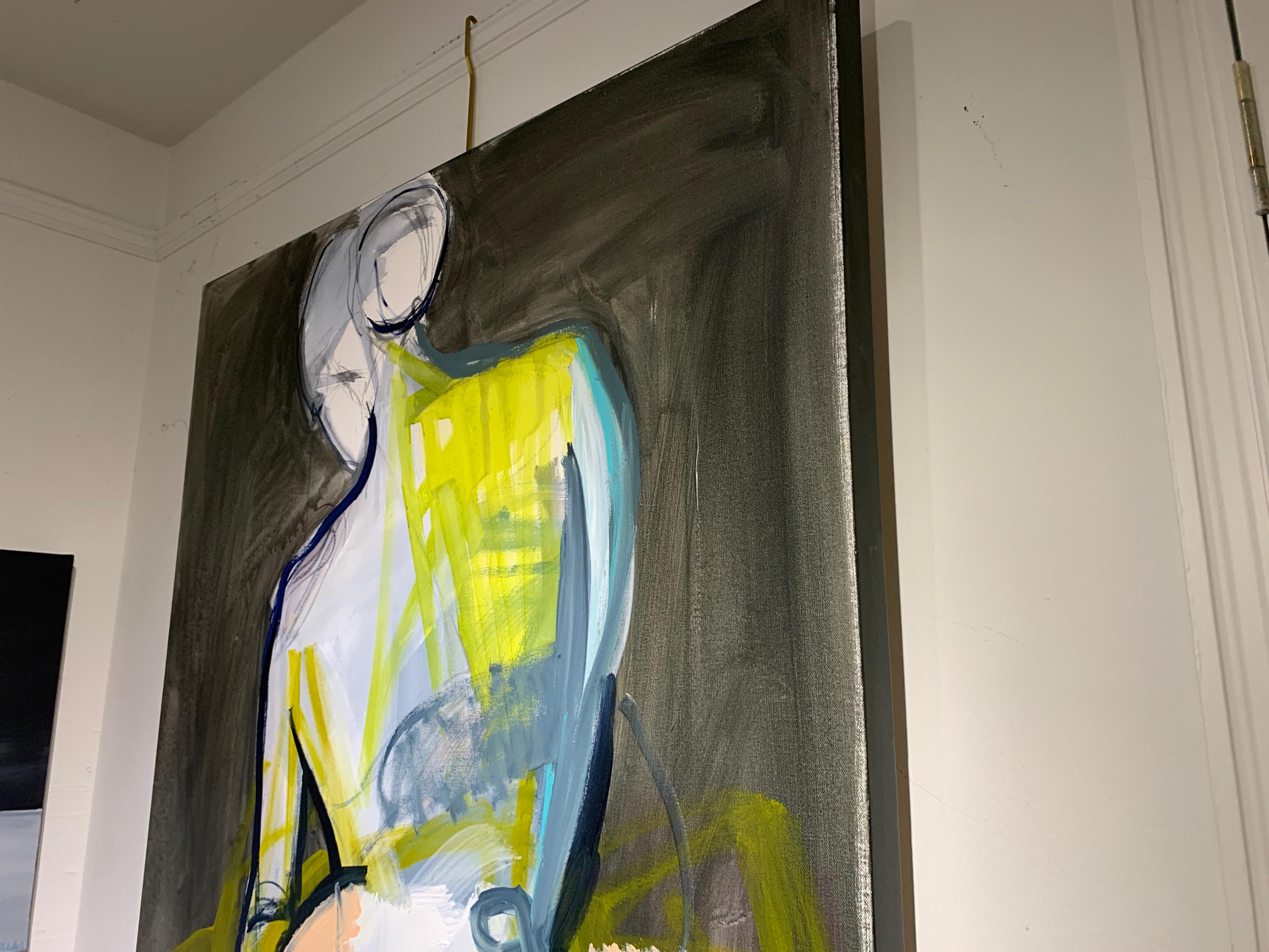 'Terrain' is a medium size mixed media on canvas abstracted nude painting created by American artist Kelley Ogburn in 2020. Featuring a palette made of blue, grey, green, white, black and pink tones, this painting draws our attention with its bold