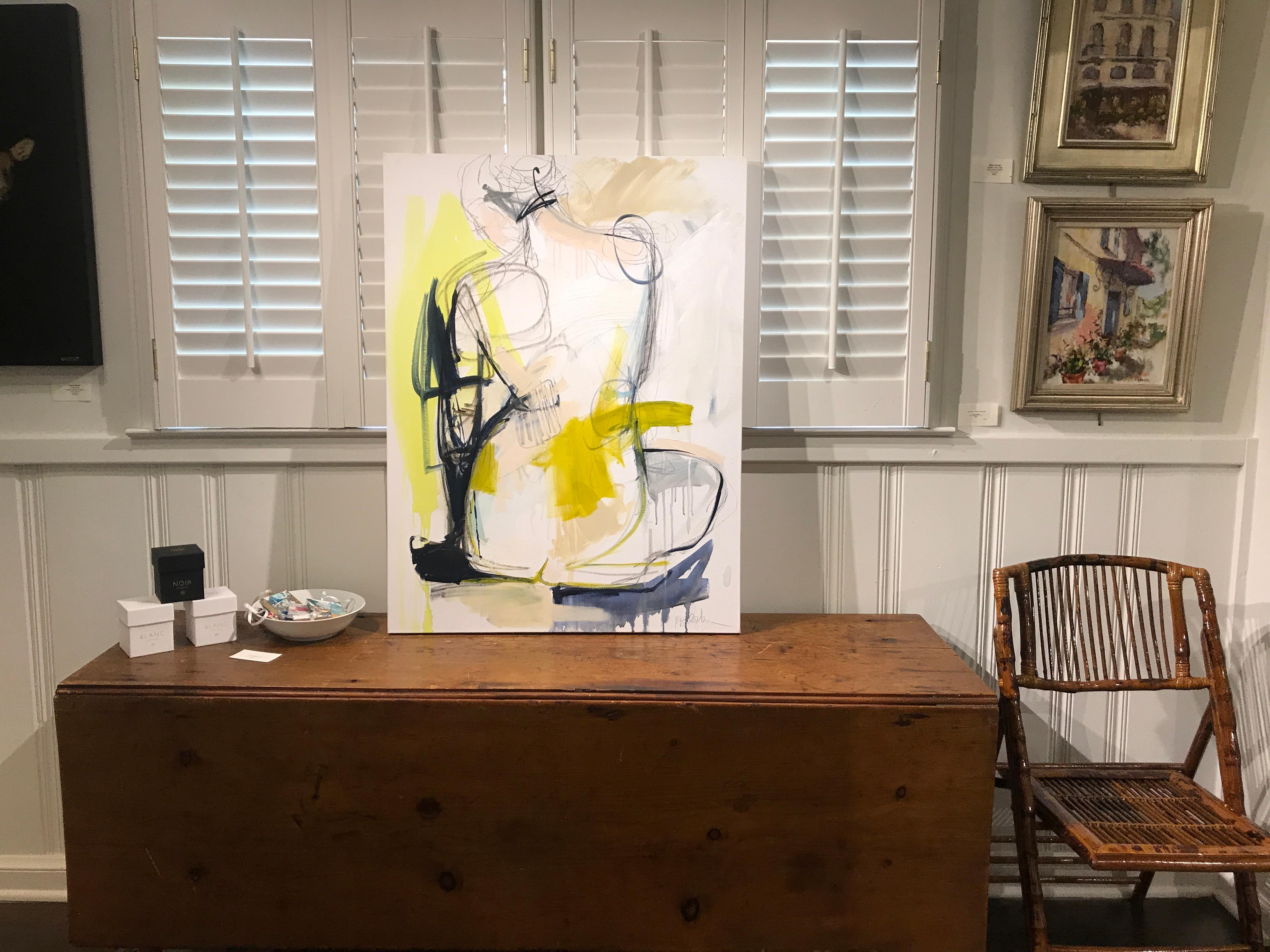 'Tuck' is an abstract mixed media on canvas nude painting of medium size created by American artist Kelley Ogburn in 2019. Featuring a palette made of yellow, white, black, grey and pink tones, this painting draws our attention with its bold and