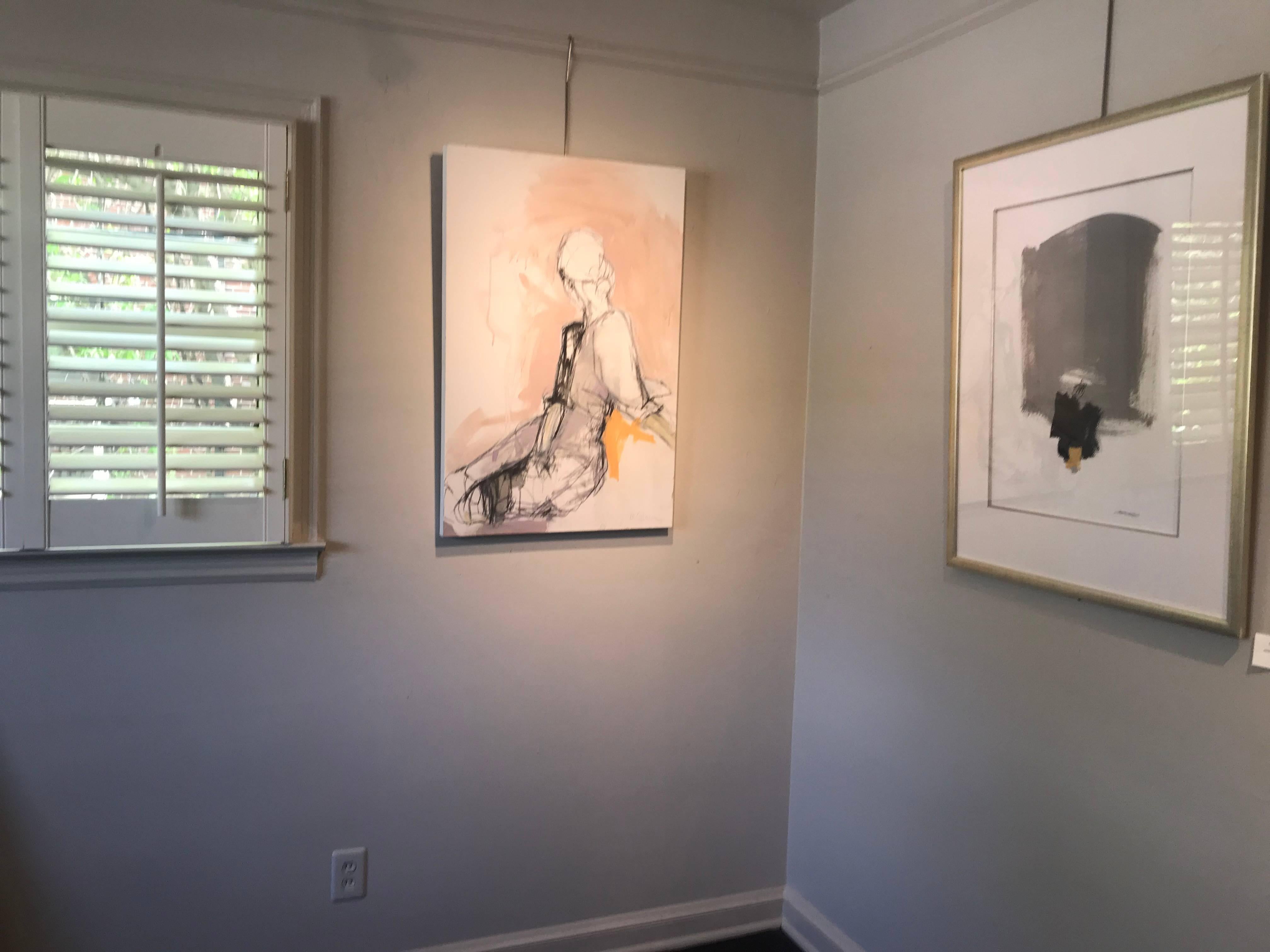 'View of Dusk' is a contemporary mixed media on canvas painting created by American artist Kelley Ogburn in 2018. This vertical format features a young lady sitting, her face turned away from us in a movement that gently twists her body. Her