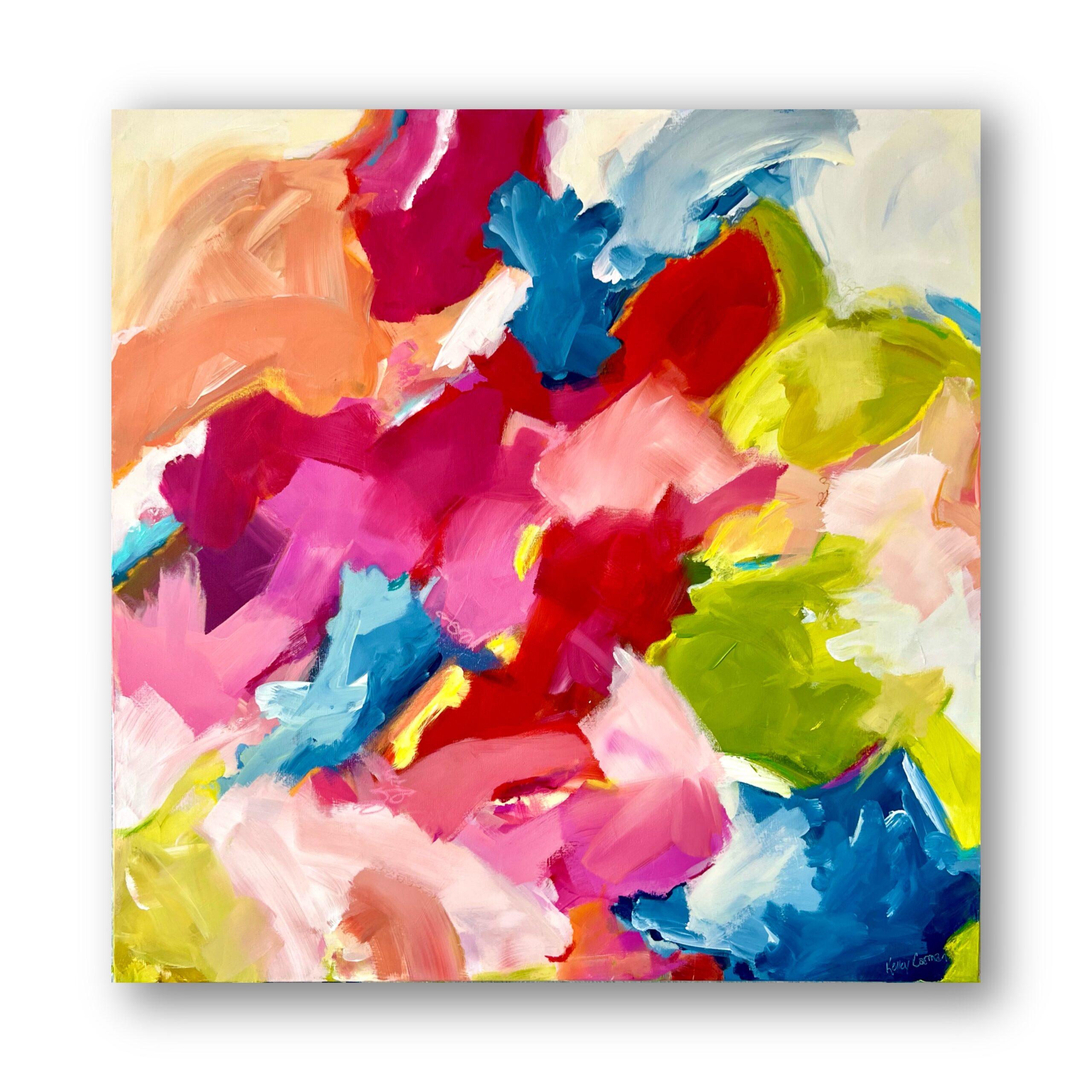 Abstract Motion (Gestural Abstract, Colorful, Pink, Orange, Blue, Yellow, Green) - Painting by Kelley Carman