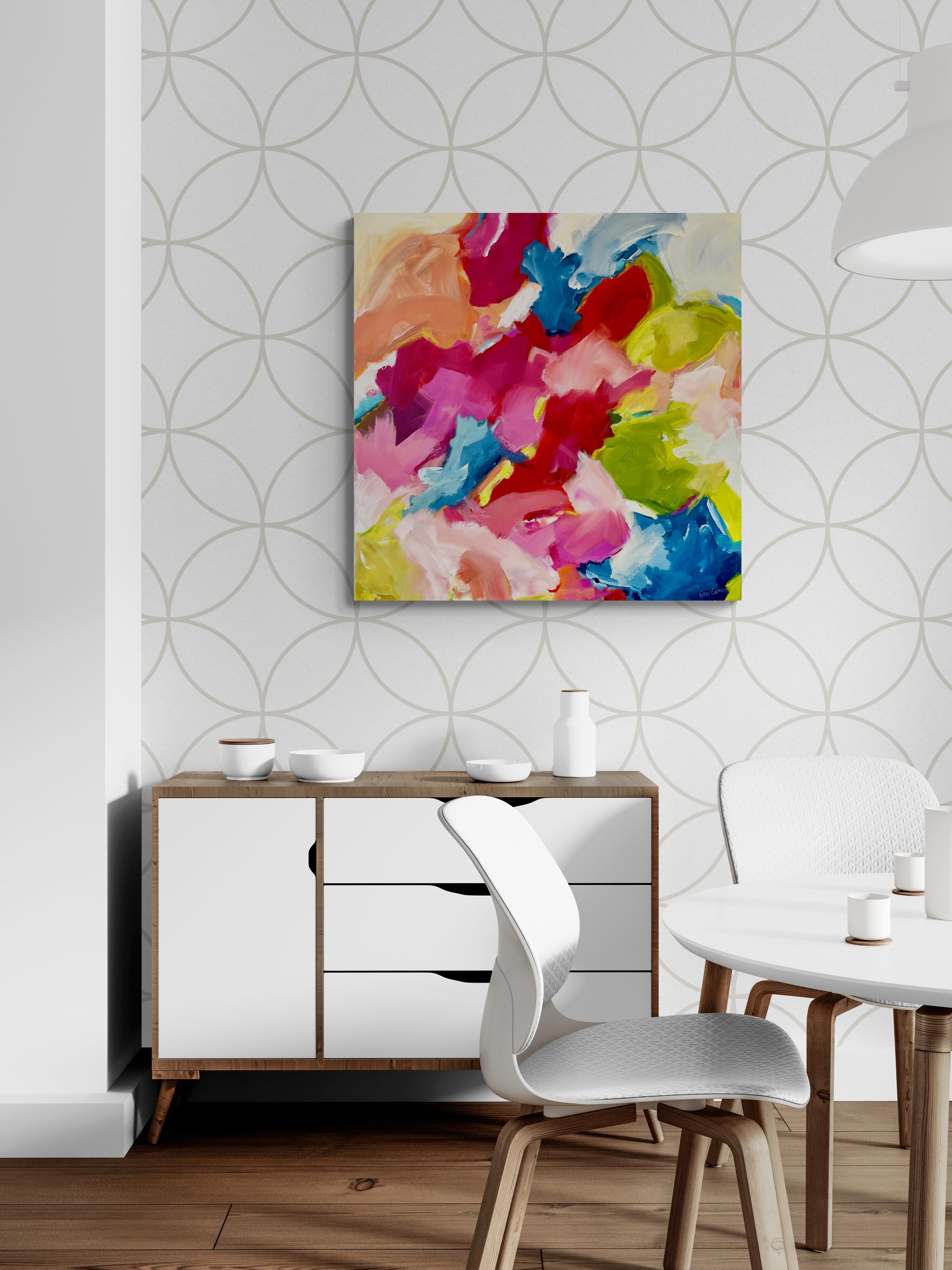 Abstrakte Bewegung (gestisch abstrakt, farbenfroh, rosa, orange, blau, gelb, grün) (Zeitgenössisch), Painting, von Kelley Carman