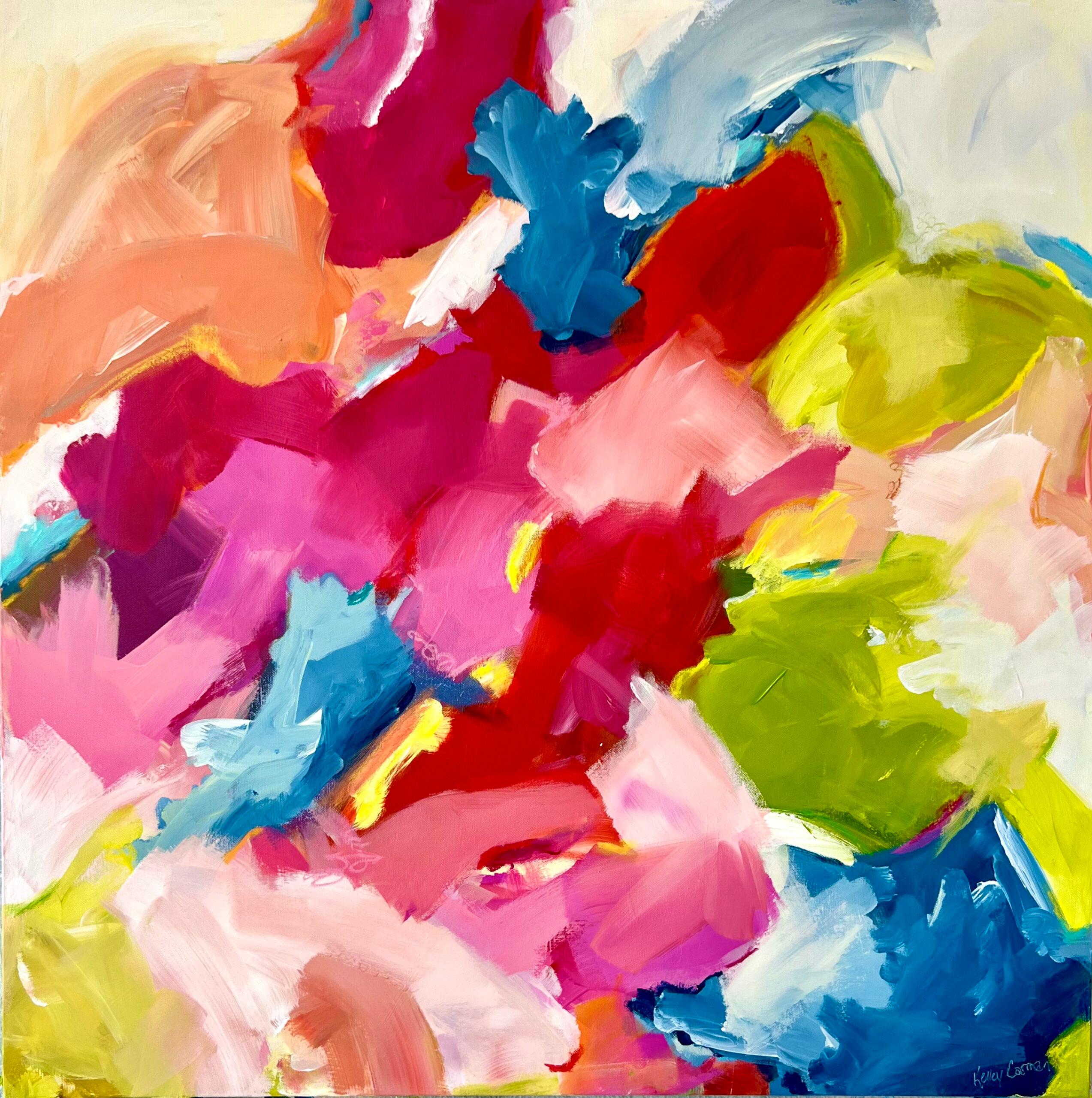Kelley Carman Abstract Painting – Abstrakte Bewegung (gestisch abstrakt, farbenfroh, rosa, orange, blau, gelb, grün)